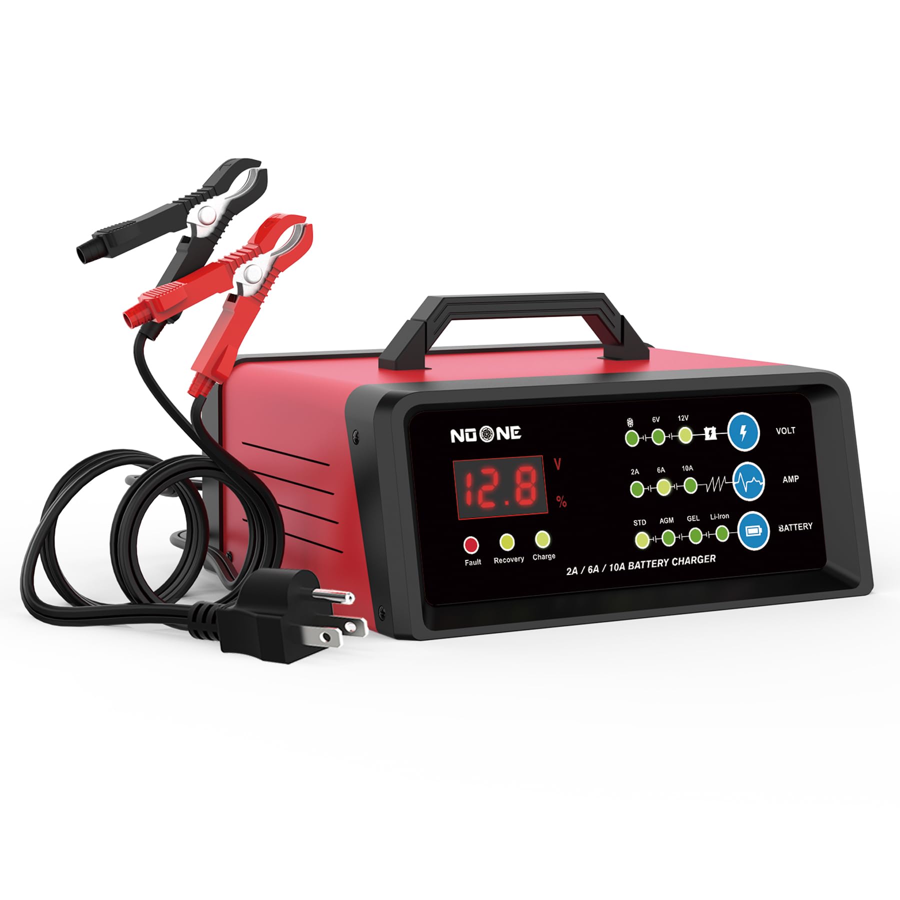 NOONE 2/6/10A Smart Car Battery Charger & Maintainer - 6V/12V Fully Automatic Trickle Charger with Desulfation - Compatible with Cars, Motorcycles, Lawn Mowers, Boats & Marine Lead Acid Batteries - Perfect for Winter Storage & Long-Term Battery Maintenance