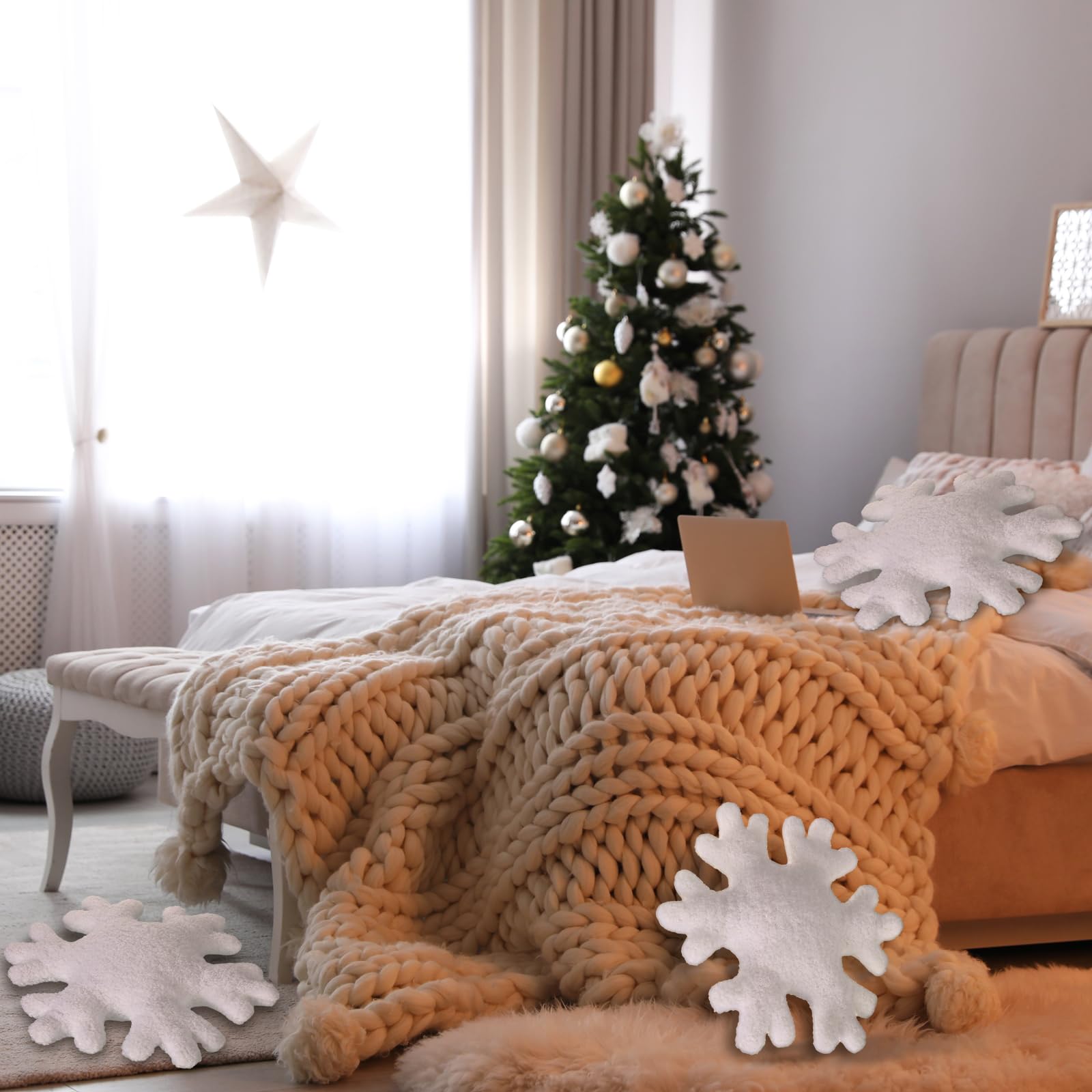 Huwena 2 Pack Winter Snowflake Throw Pillows - Soft Plush Decorative Couch Pillows for Sofa, Bed & Home Decor - 11.81 Inch White Snowflake Shaped Cushions (Perfect for Christmas Decor & Cozy Winter Living Room)