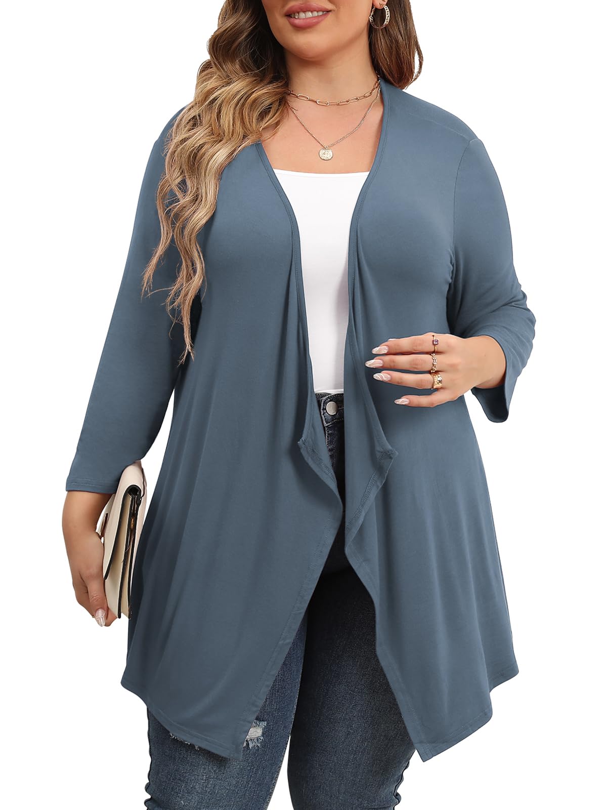 TIANZHU Women's Lightweight 3/4 Sleeve Open Front Cardigan - Casual Drape Duster Sweater for Spring & Fall Layering | Office, Date Night & Weekend Outfits