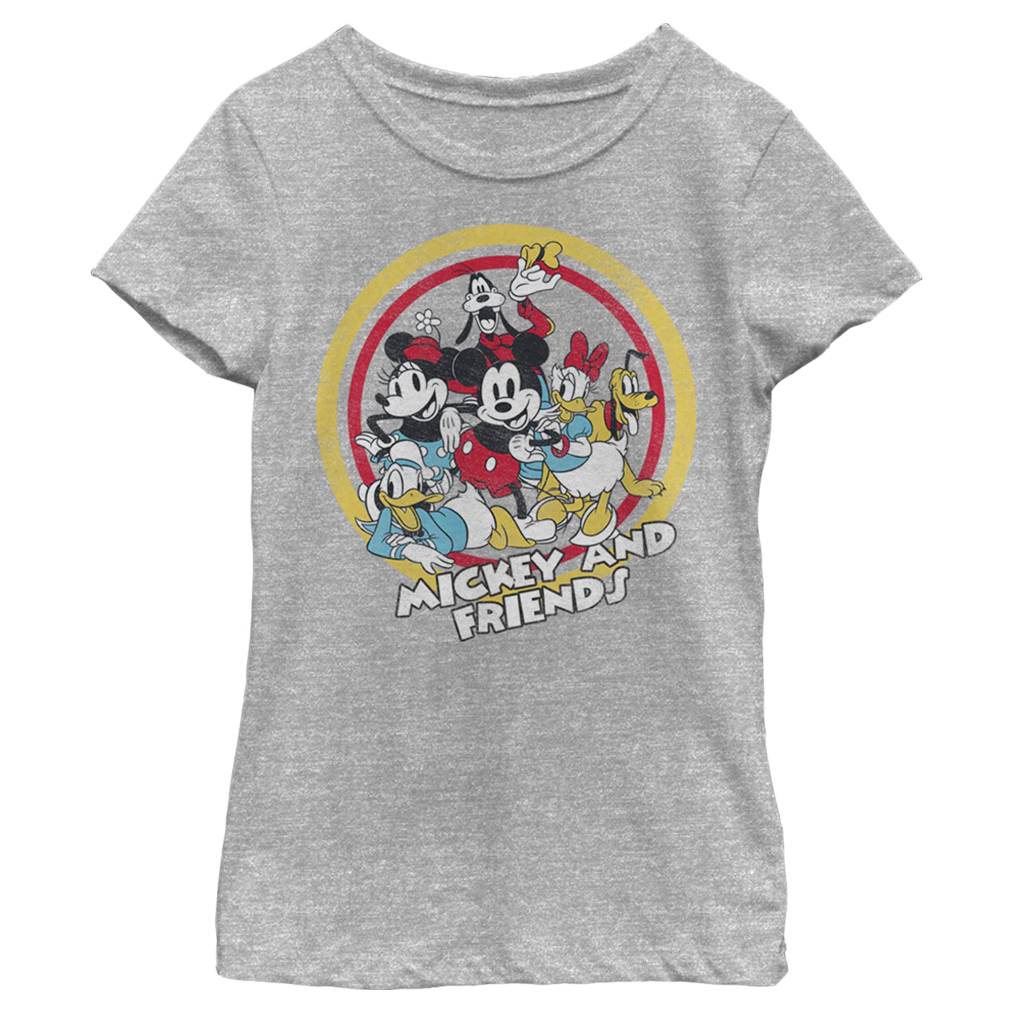 Disney Characters Circle of Friends Graphic Girls Heather Grey Crew Neck T-Shirt - Cute Casual Outfit for School, Playdates & Family Gatherings