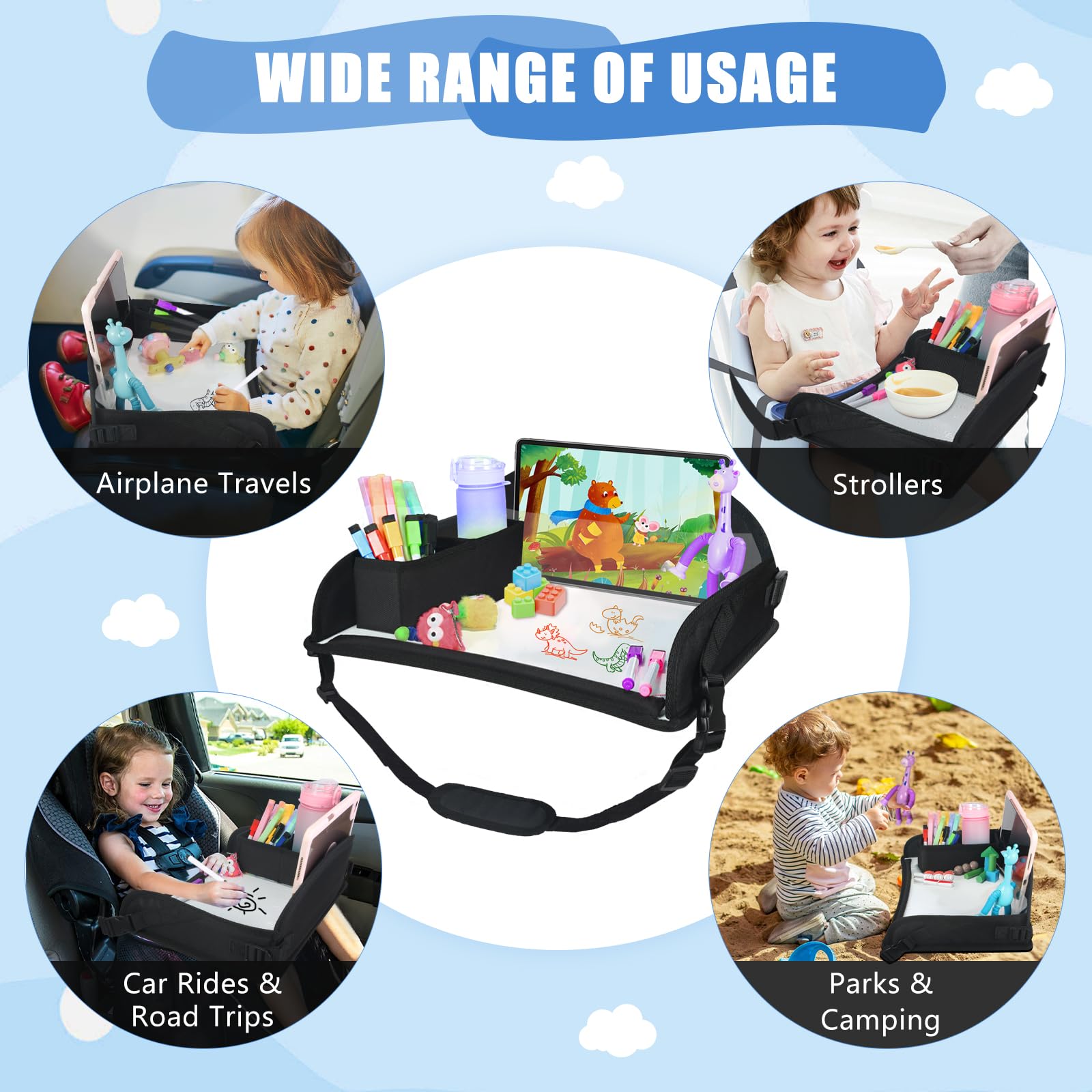Upgraded Kids Travel Tray for Airplane & Car - Toddler Car Seat Table Tray with Storage | Portable Lap Desk for Road Trips, Snacks & Activities | Perfect for Boys & Girls Ages 2-5 | Black | Ideal for Airplane Travel, Long Car Rides & Homeschooling