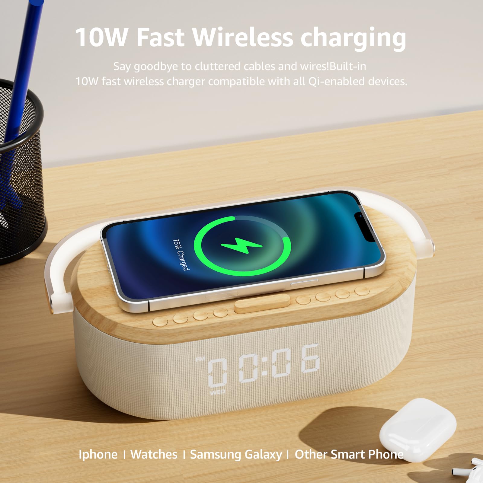 6-in-1 Sound Machine with Alarm Clock | Portable Bluetooth Speaker, Touch Night Light & 10W Fast Wireless Charger | 13 Soothing Sleep Sounds & White Noise Generator | Perfect for Bedroom, Nursery, Office & Travel Gifts