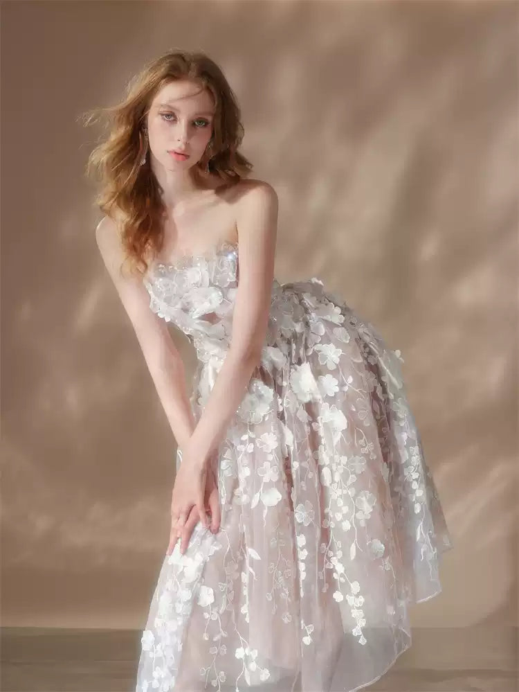 Anna Crystal Floral Embroidery Midi Dress - White | Elegant Summer Wedding Guest Dress & Casual Party Wear