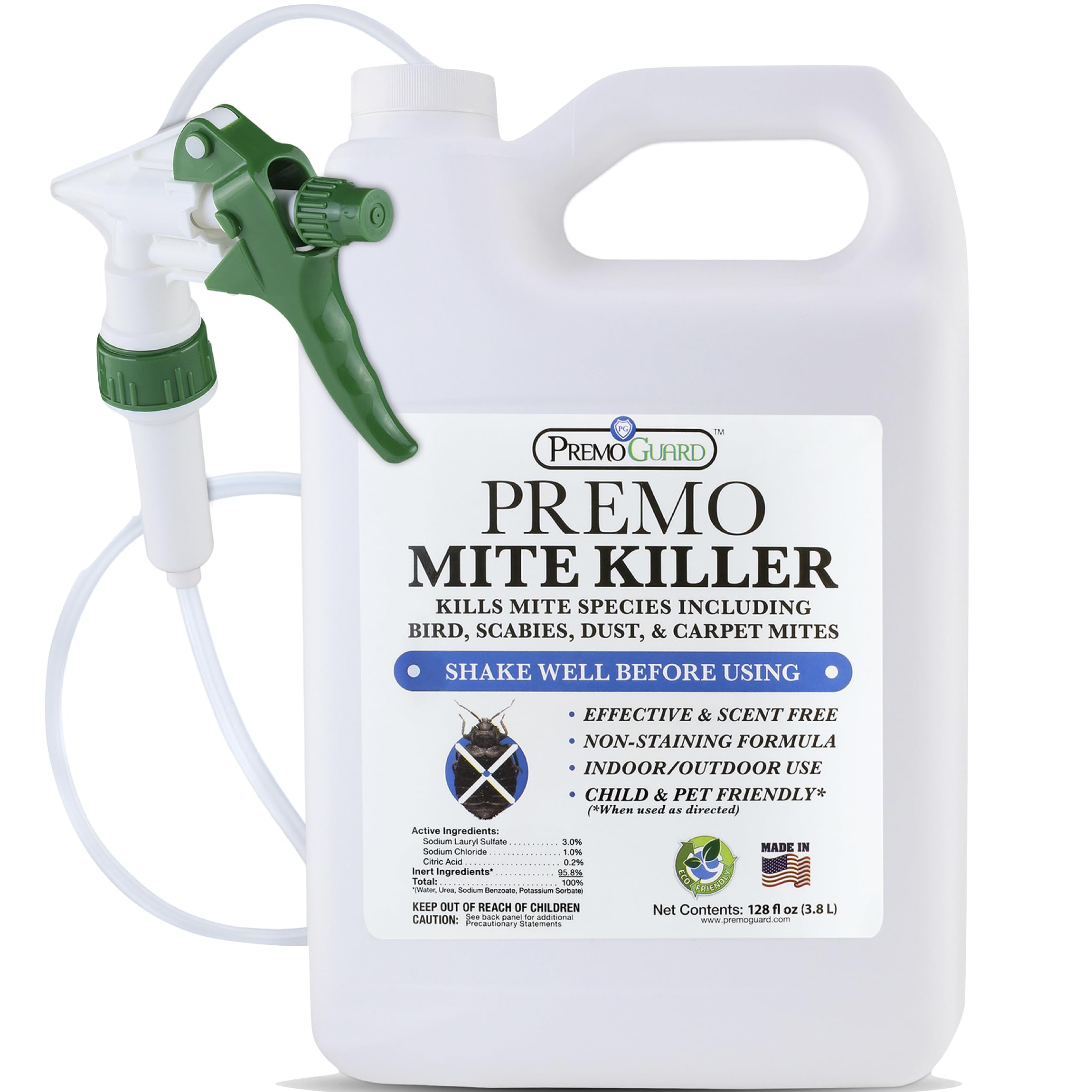 Premo Guard Natural Mite Treatment Spray – 128 oz – Kills Dust Mites, Scabies, Spider Mites, Carpet Mites, Bird Mites & Rodent Mites – Non-Toxic Formula Safe for Kids & Pets – Use on Beds, Mattresses, Furniture & Home Surfaces for Allergy Relief & Pest Control