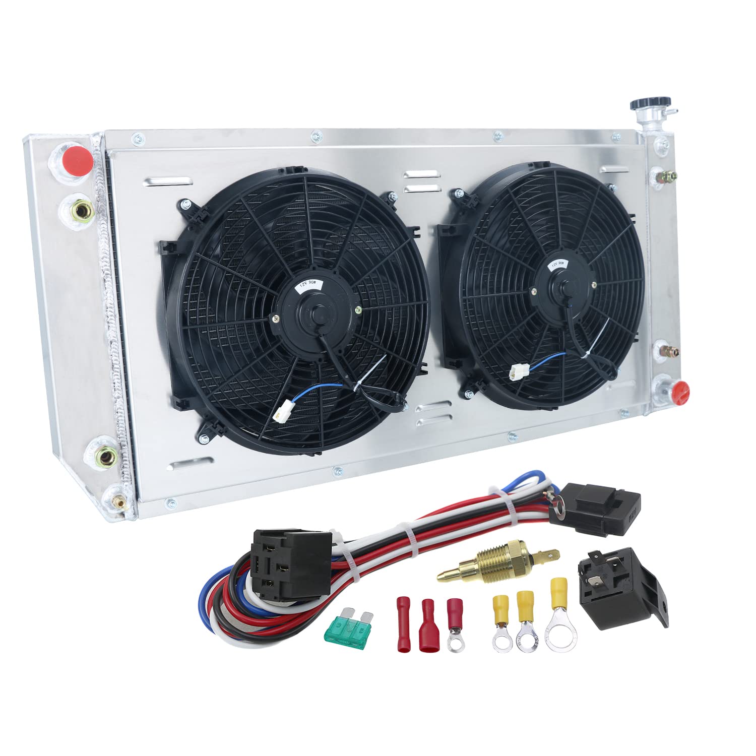 High-Performance 3-Row Aluminum Radiator for 1992-2004 Chevy GMC C1500 C2500 C3500 K1500 K2500 K3500 Suburban Tahoe Yukon 5.0L 5.7L 7.4L V8 - Complete Cooling Kit with Fan Shroud & Relay - Perfect for Towing, Off-Roading & Extreme Weather Conditions