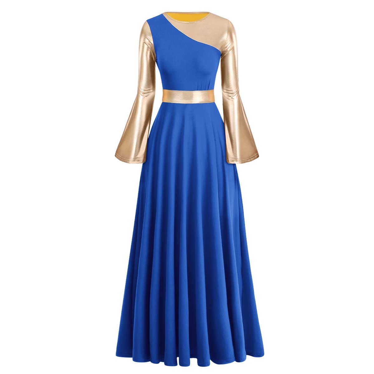 Metallic Praise Dance Dress for Women - Color Block Bell Sleeve Long Liturgical Worship Dress - Perfect for Church Performances, Gospel Choir & Spiritual Dance Events