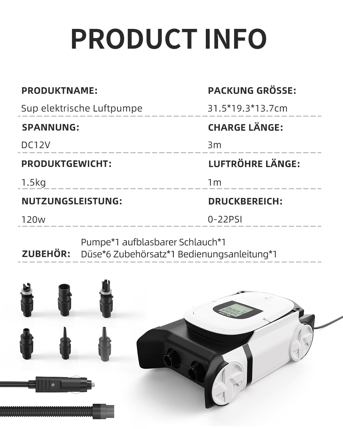**Dual Motor Electric Air Pump for Inflatable SUP, Kayak & Boat - 22PSI High Pressure, Auto-Off Function, 12V DC Car Power Connector - Perfect for Beach, Lake & Outdoor Water Sports**