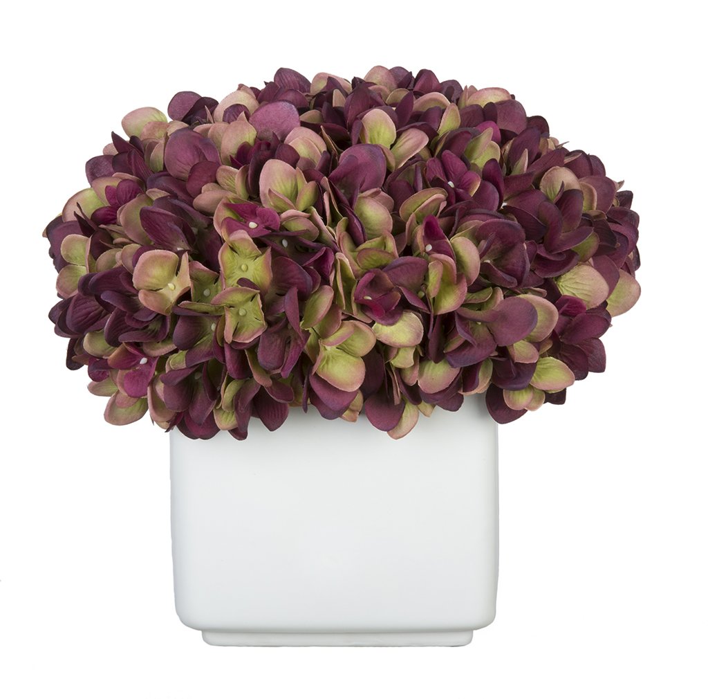 Premium Artificial Hydrangea Flowers in Large White Ceramic Cube Vase - Elegant Home Decor for Living Room, Wedding Centerpiece, Office Desk (Plum/Sage)