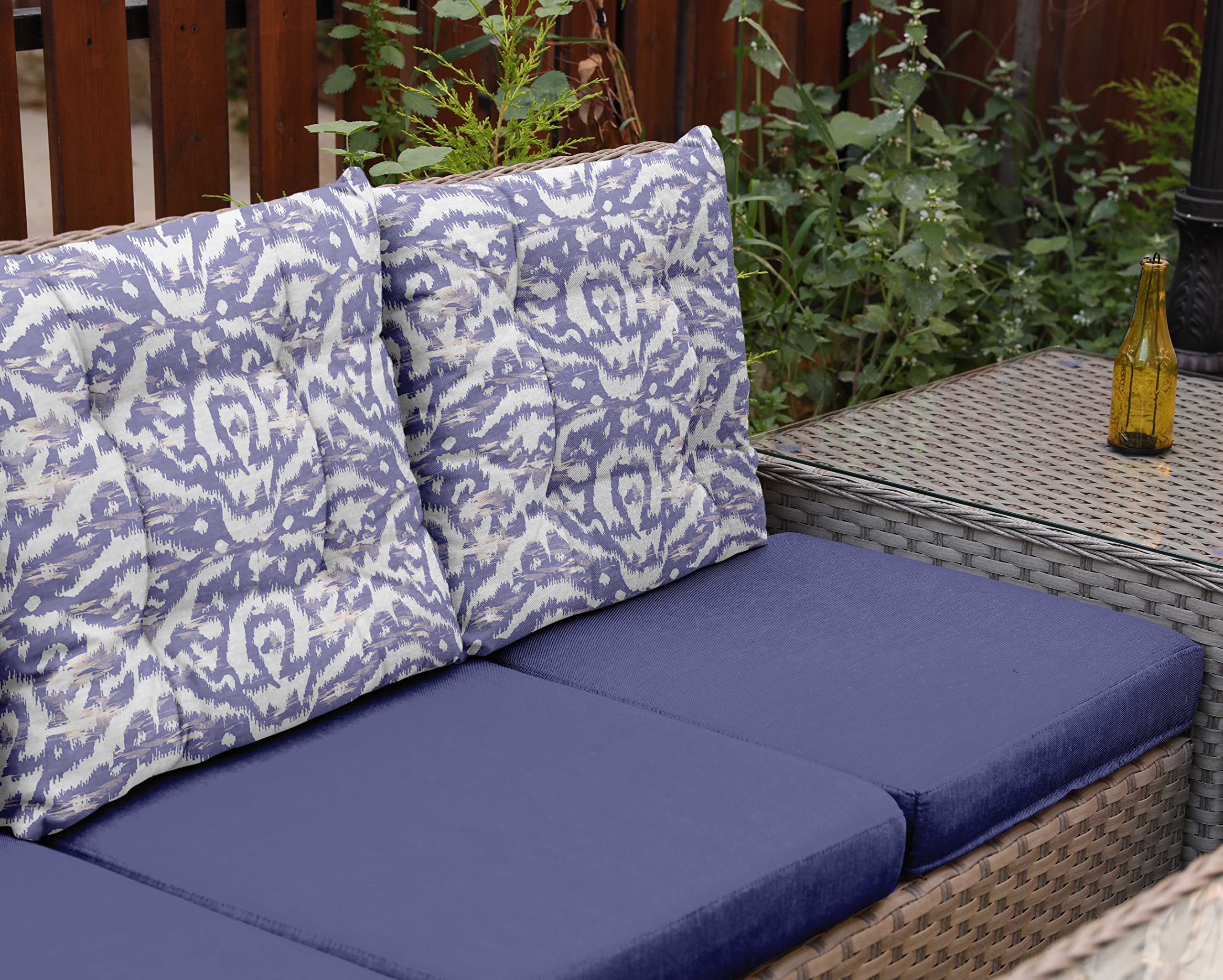 Water Resistant Indoor/Outdoor Tufted Square Patio Cushion Set of 2 - 19-inch Purple Ikat Print Seat Cushions for Garden, Poolside & Deck Furniture