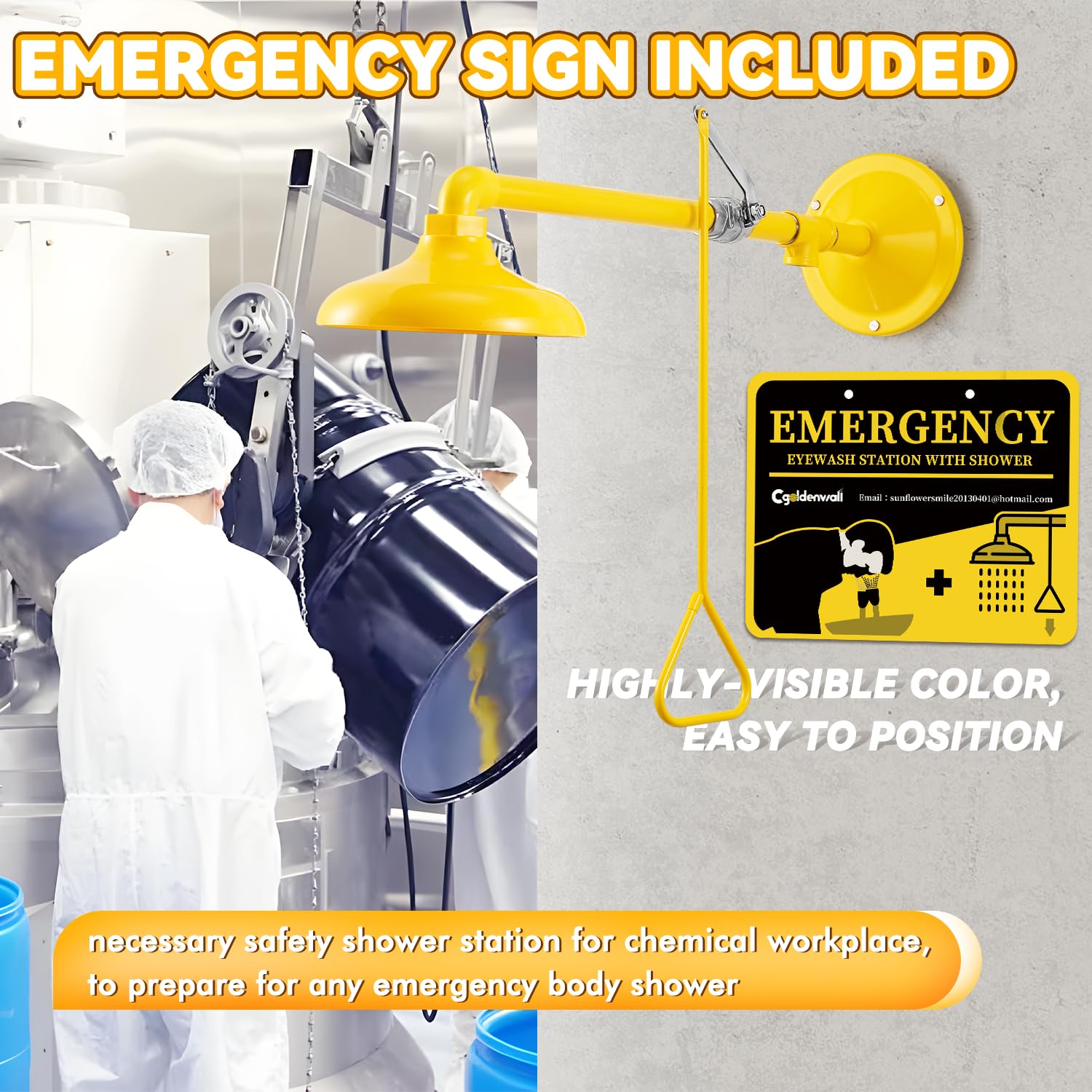 CGOLDENWALL Emergency Safety Shower Station - Horizontal Mount 304 Stainless Steel & ABS Drench Head with 1