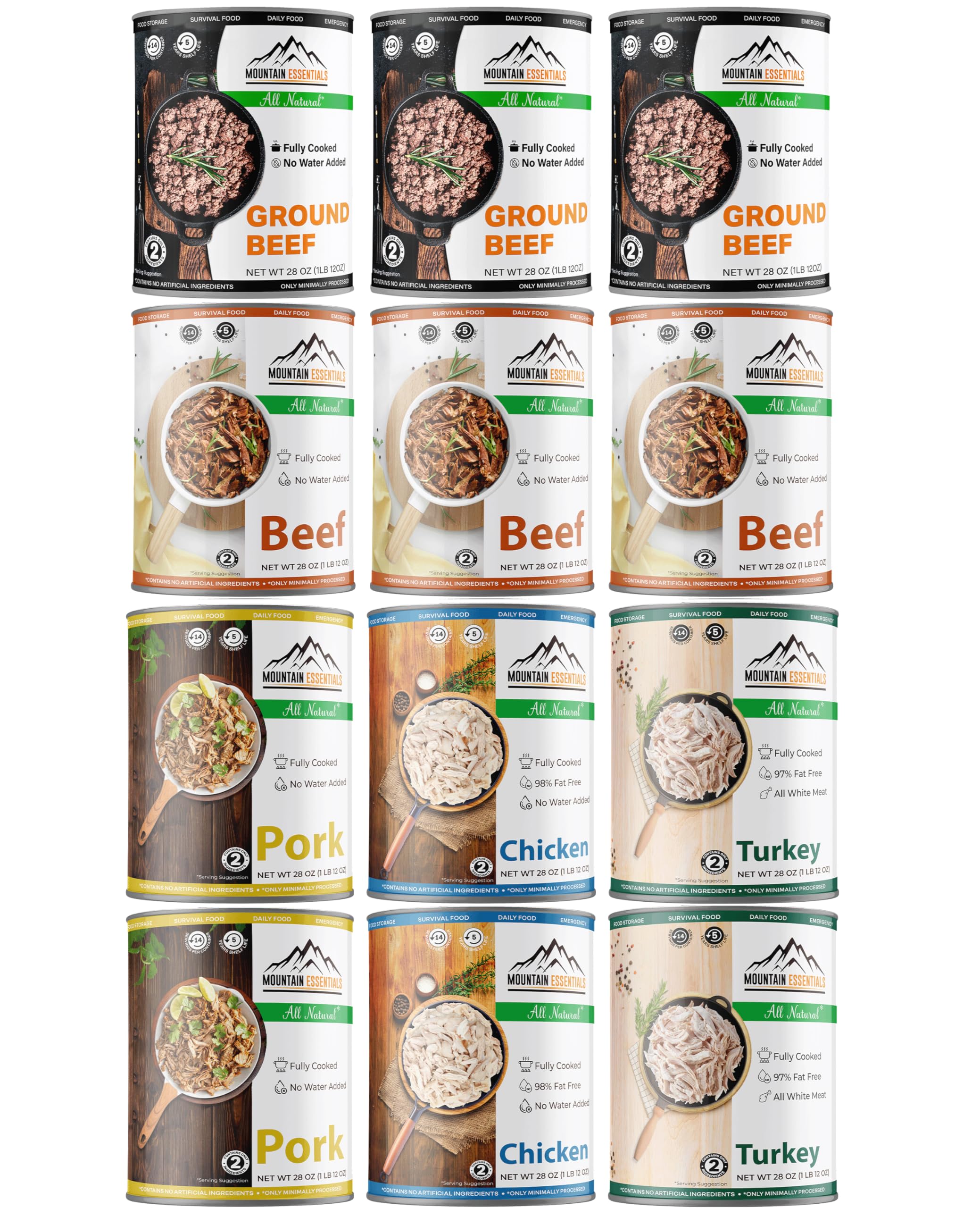 MOUNTAIN ESSENTIALS 28oz Fully Cooked Canned Meat Variety Pack - 3 Beef, 2 Chicken, 2 Turkey, 2 Pork, 3 Ground Beef (12-Pack) | All Natural Ready-to-Eat Emergency Food | Perfect for Camping, Survival Kits & Disaster Preparedness