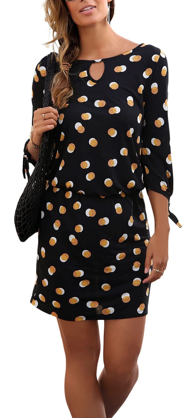 LASCANA Women's Black & Yellow Polka Dot Keyhole Dress - Flirty Summer Beachwear & Casual Day Dress for Vacations, Parties & Outdoor Events