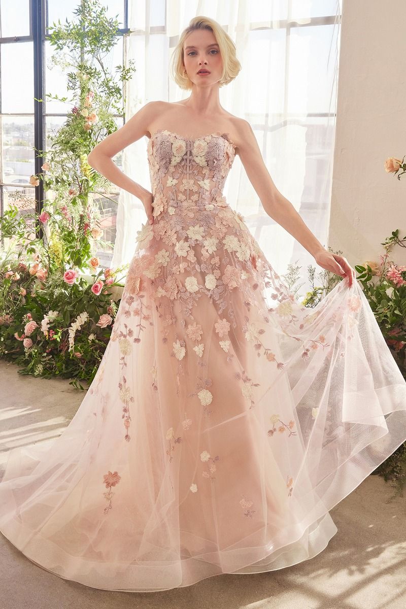 Andrea & Leo A1453 Spring Floral Appliqué A-Line Gown - Elegant Wedding, Prom & Formal Evening Dress for Women