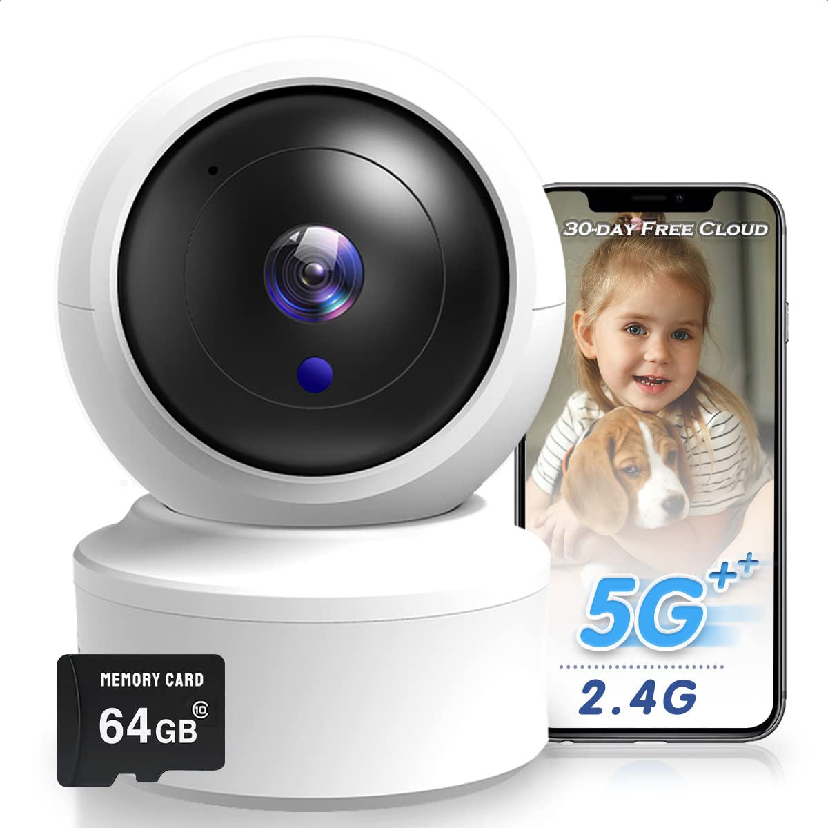 2K HD Indoor Security Camera with Pan/Tilt - Wireless WiFi Pet & Baby Monitor, Night Vision, 2-Way Audio, Alexa Compatible (Includes 64GB SD Card) - Ideal for Home, Nursery, Pet Monitoring & Elderly Care