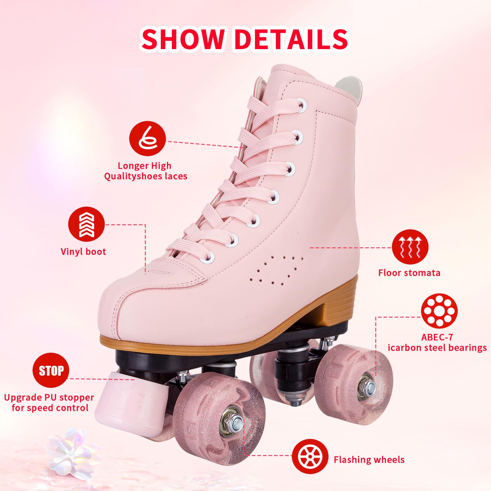 Light Up Roller Skates for Girls & Women - Pink & Purple PU Leather Skates for Indoor & Outdoor Use - Perfect for Beginners Ages 8-12 - Great for Rinks, Parks & Birthday Parties