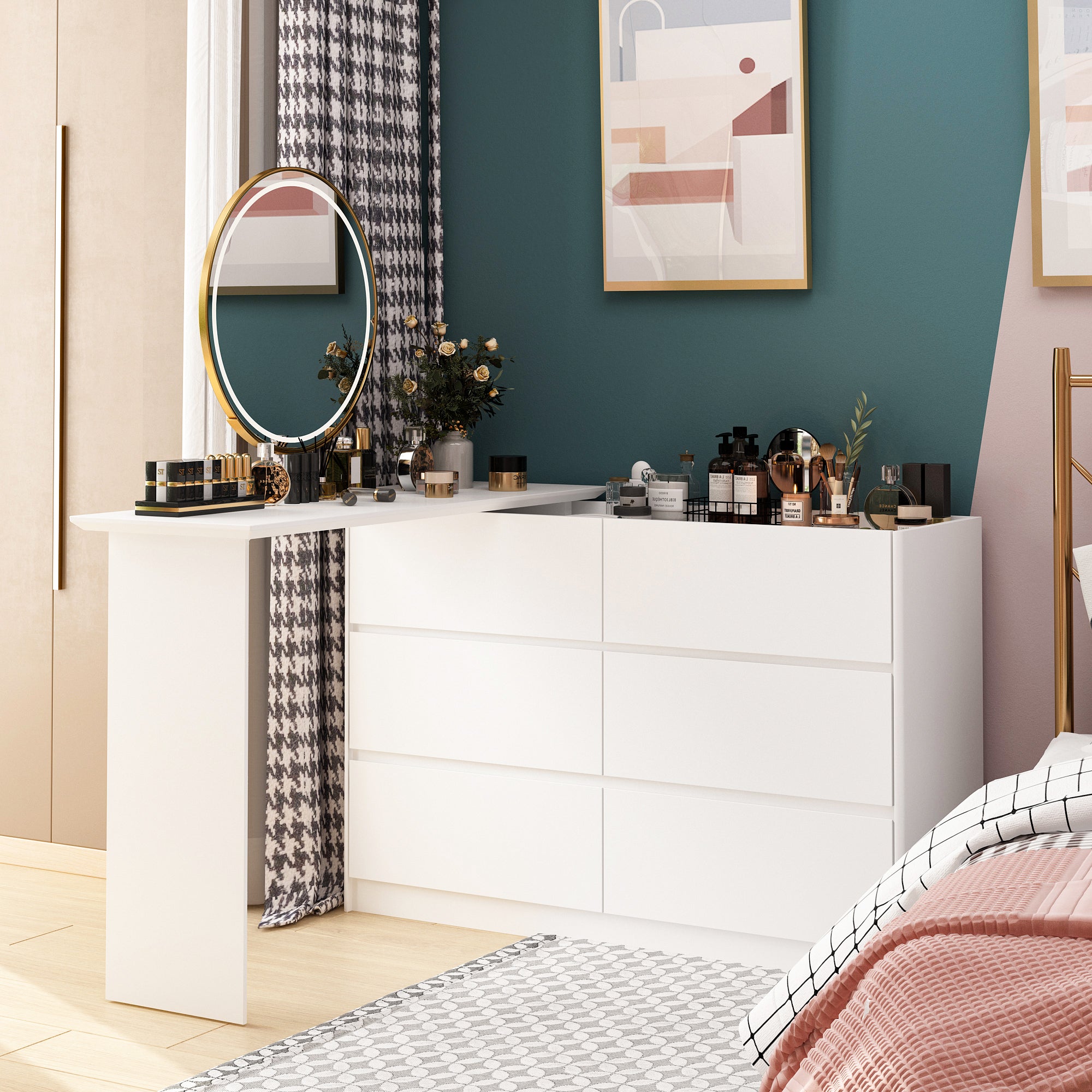 6 Drawer White Vanity Desk with Mirror | Modern Dressing Table for Makeup & Skincare | Perfect for Bedroom, Bathroom & Beauty Salon Organization