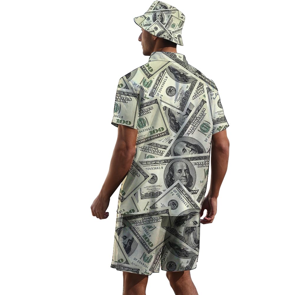 **Men's Hawaiian Print 2-Piece Tracksuit Set - Button Down Shirt & Matching Shorts with Free Bucket Hat | Summer Beach Outfit, Vacation Wear, Casual Street Style**