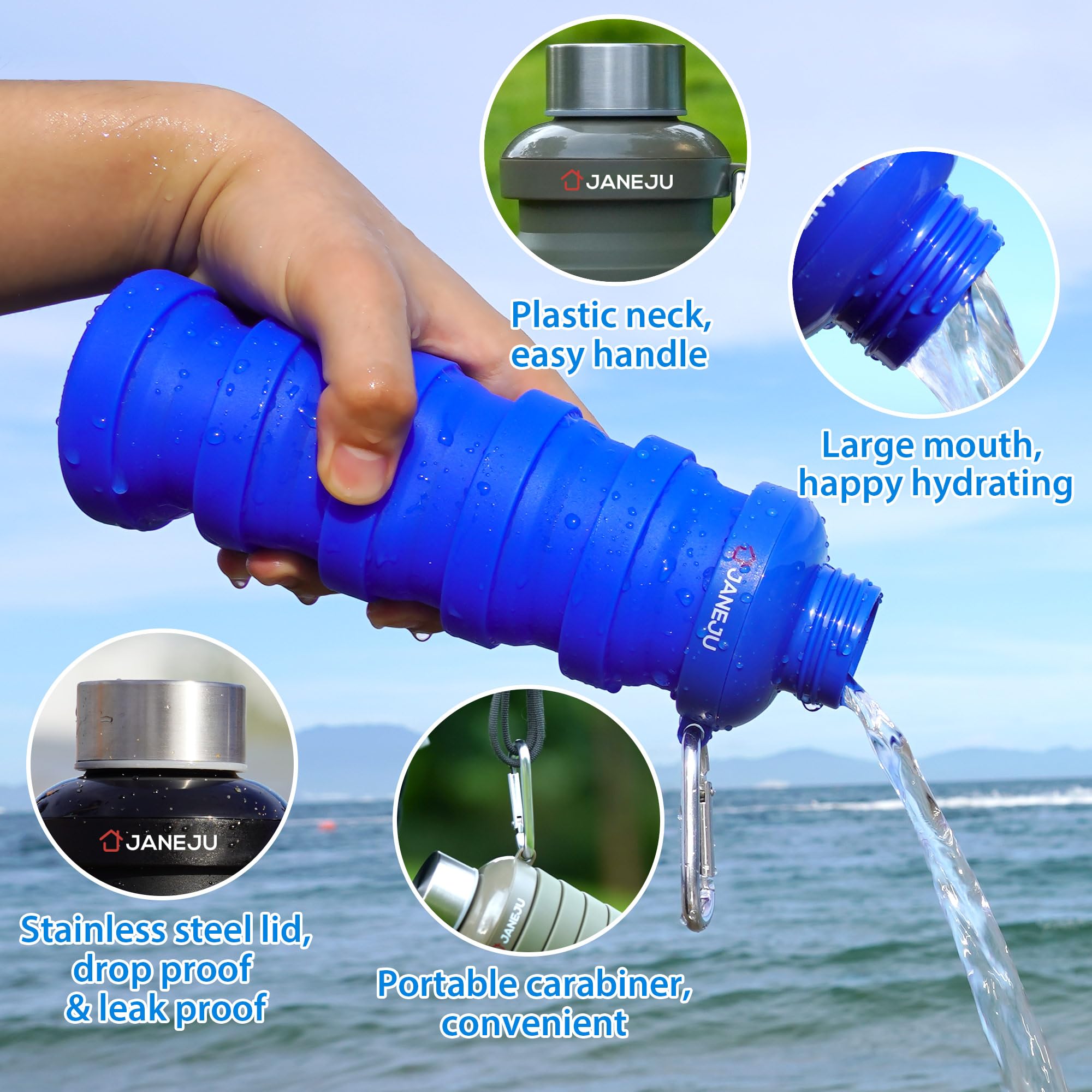 JaneJu 17oz Collapsible Water Bottle - BPA Free, Leakproof & Portable for Hiking, Gym & Travel (Army Green)