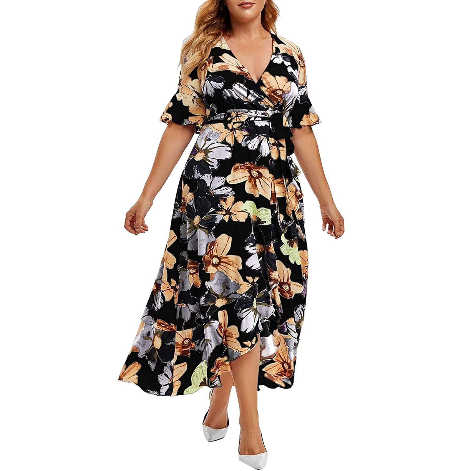 Bidobibo Women's Plus Size Floral Wrap Maxi Dress with Ruffle Hem - Summer Long High Low Dress for Casual, Beach & Vacation Outfits