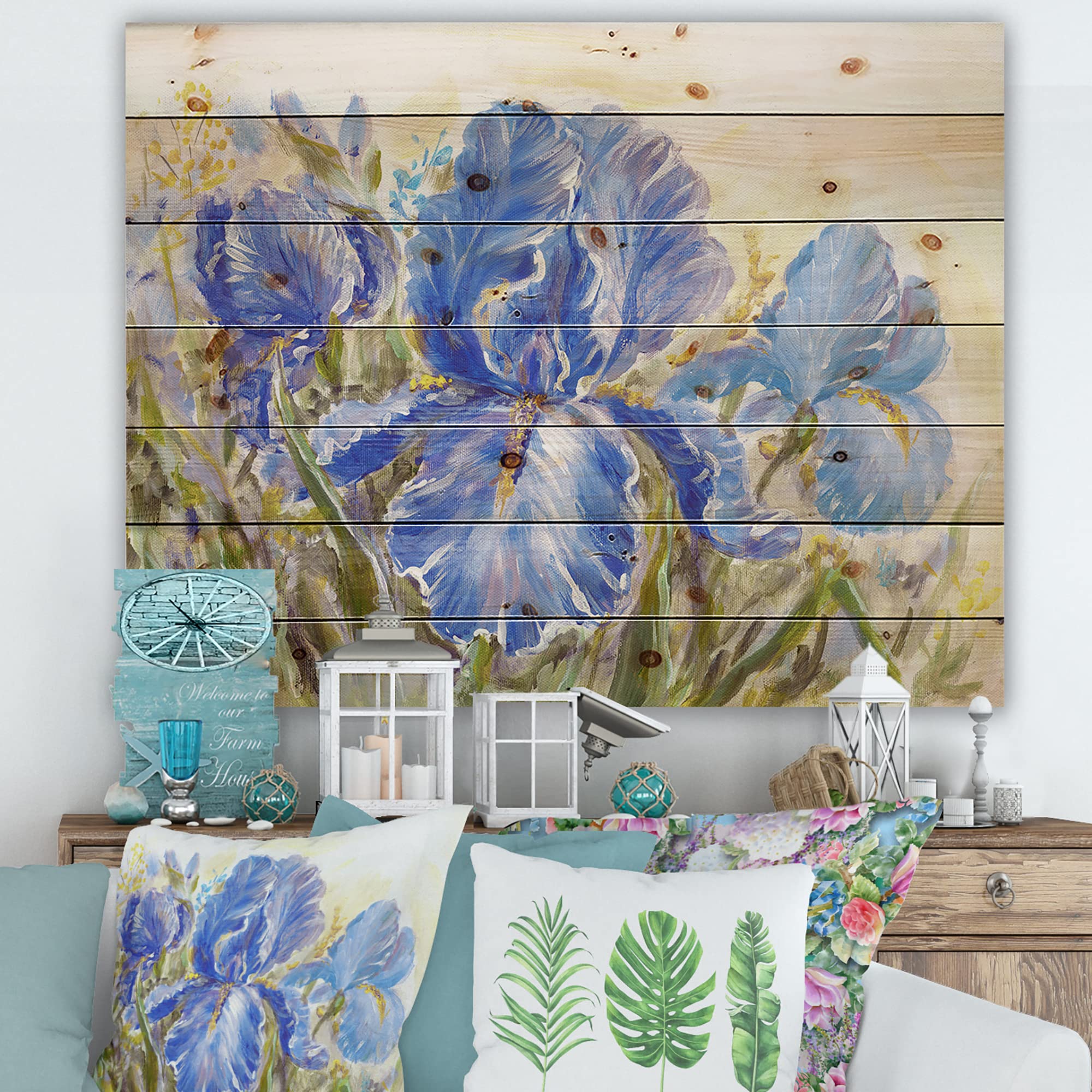 DesignQ Irises Blossoming Flowers Traditional Wood Wall Decor - Blue Floral Wood Art Panel Printed on Natural Pine - Perfect for Living Room, Bedroom & Office Wall Decoration