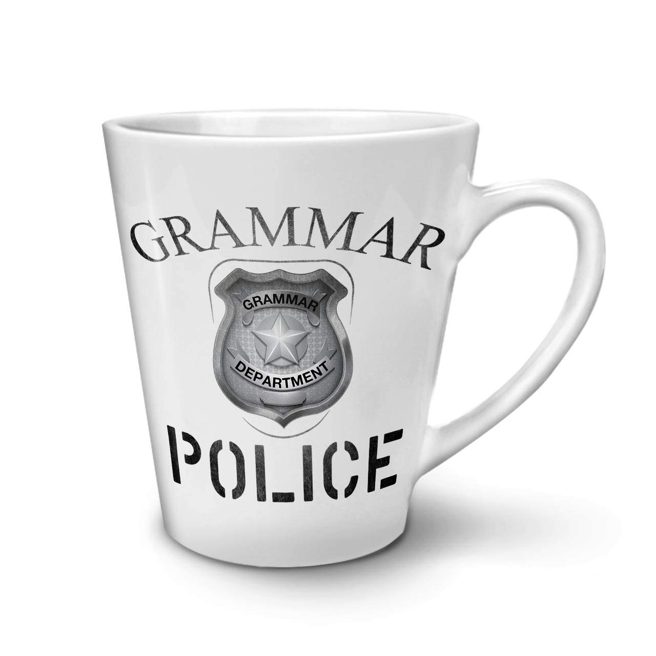 Funny Grammar Police Badge Latte Mug - Ceramic Coffee Cup with Comfortable Handle & Two-Sided Design by Wellcoda | Perfect Gift for Teachers, Writers & Grammar Lovers - Great for Office, Home & Coffee Shops