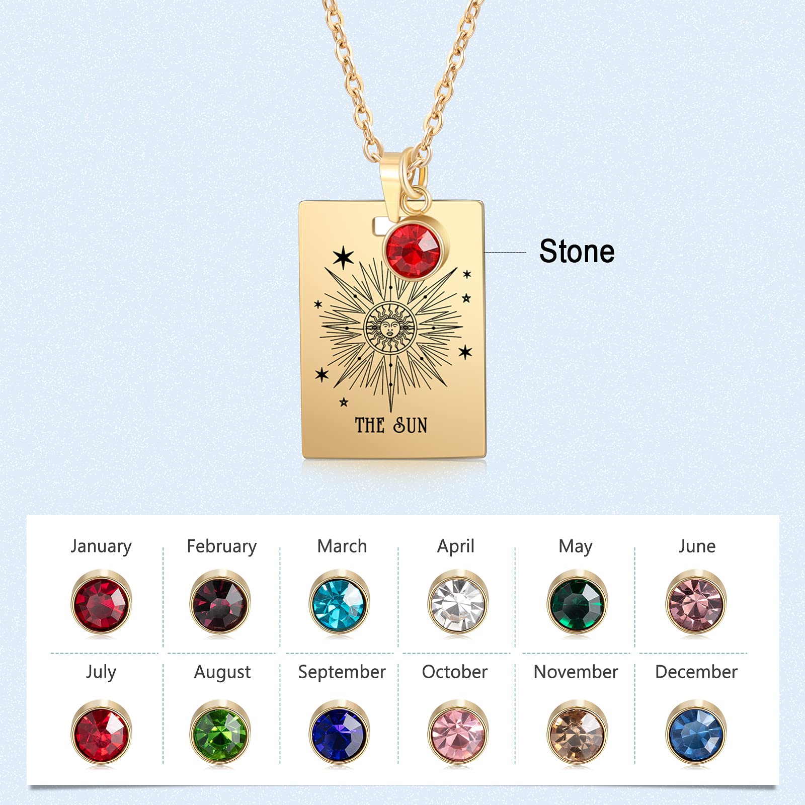 Personalized Gold Tarot Card Necklace with Birthstone - Custom Name Sun Pendant Jewelry for Women | Spiritual Gift, Boho Fashion Accessory for Daily Wear & Special Occasions