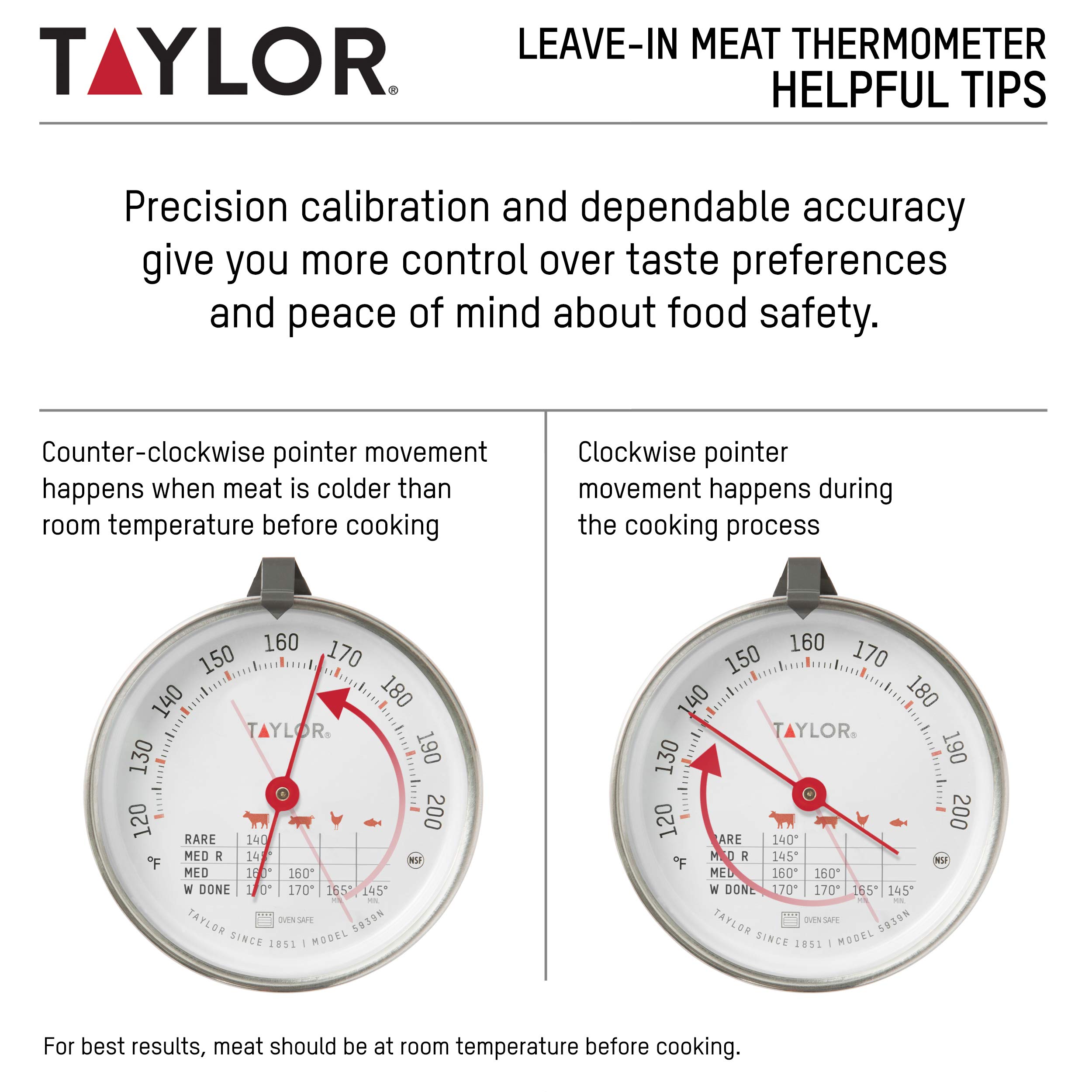 Taylor Stainless Steel Meat Thermometer - 3 Inch Analog Dial, Oven Safe, Leave-in for Grilling, BBQ, Roasting & Baking - Perfect for Kitchen, Cooking, and Food Temperature Monitoring