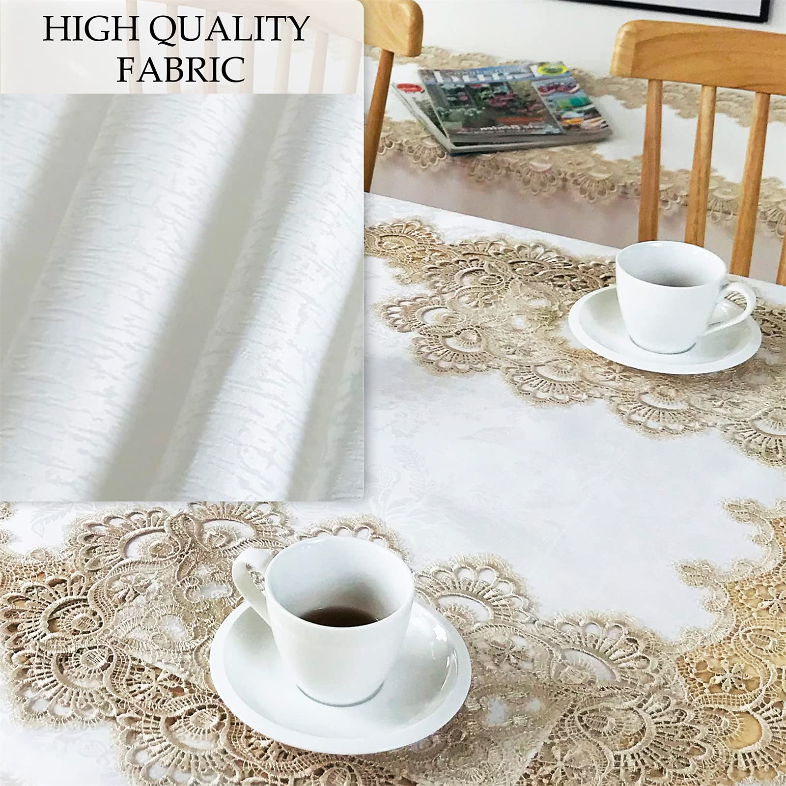 Beige Embroidered Lace Rectangle Table Runner 16x35 Inches - Washable Carnation Lace Fabric for Wedding, Dining Table, Dresser, Kitchen & Coffee Table Decor | Elegant Home & Party Decoration