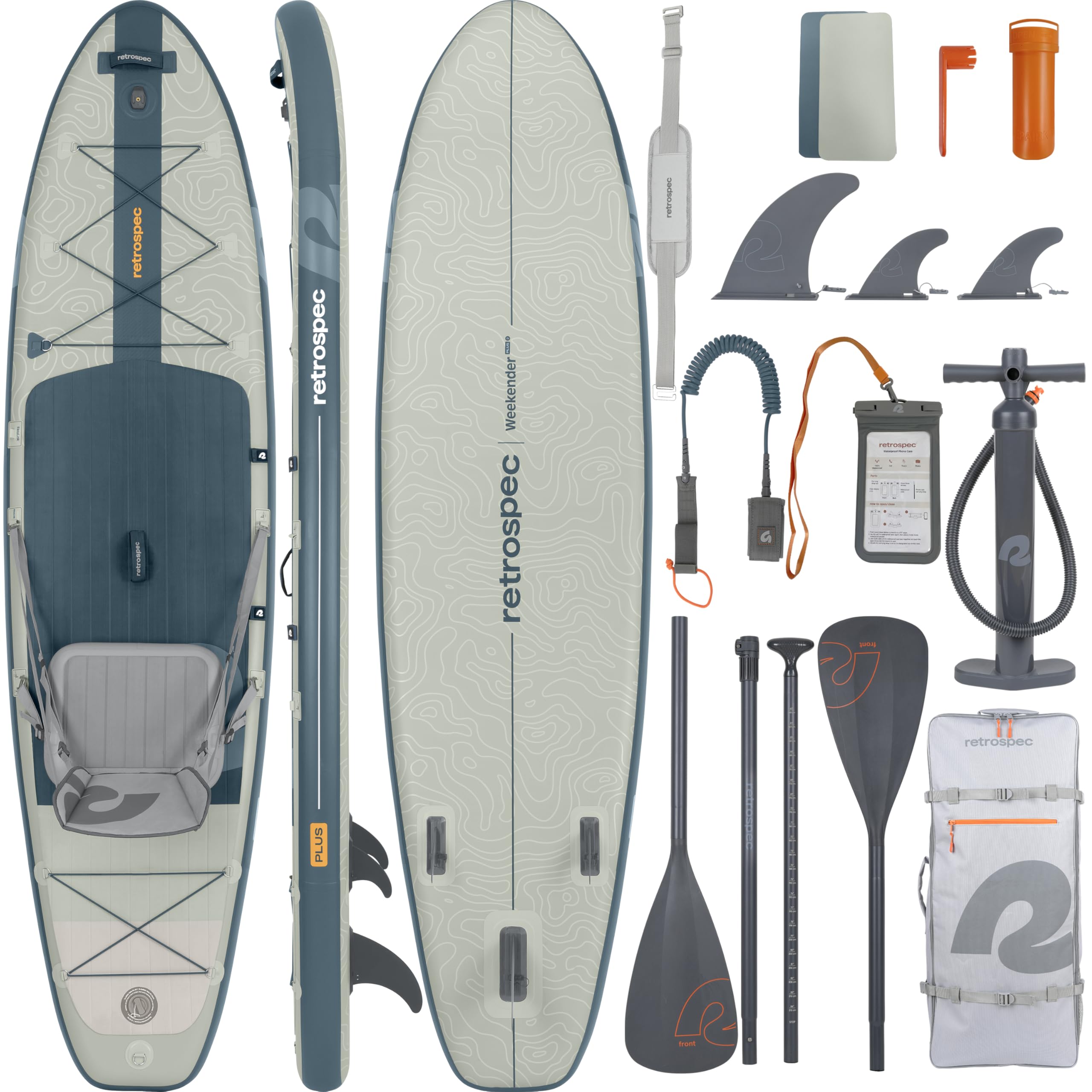 Retrospec Weekender Plus 10' Inflatable Stand Up Paddleboard (iSUP) - Premium Double Layer PVC, Includes Carry Bag, Adjustable Aluminum Paddle, 3 Removable Fins, Hand Pump & Phone Case - Perfect for Lakes, Rivers & Ocean Paddle Boarding Adventures