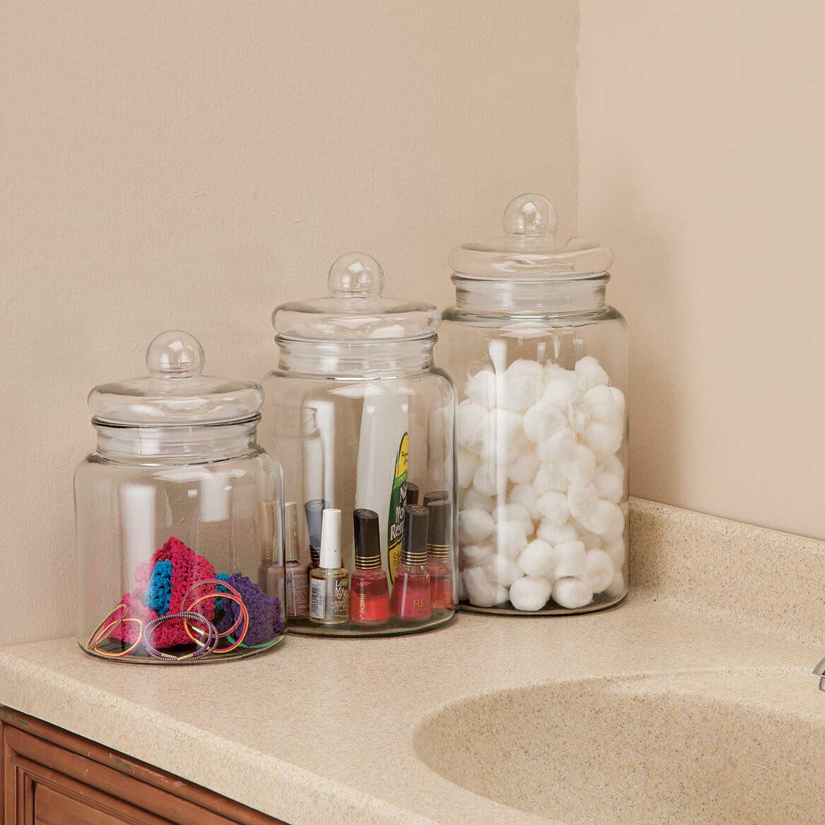 Clear Glass Apothecary Jars with Airtight Lids - Set of 3 Decorative Storage Canisters for Kitchen, Bathroom & Office Organization - Perfect for Spices, Cotton Balls, Candies & Home Decor