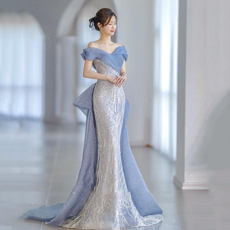 Elegant Light Blue Beaded Mermaid Prom Dress with Off-Shoulder Neckline - Size 42 | Perfect for Evening Gala, Formal Dances & Special Occasions