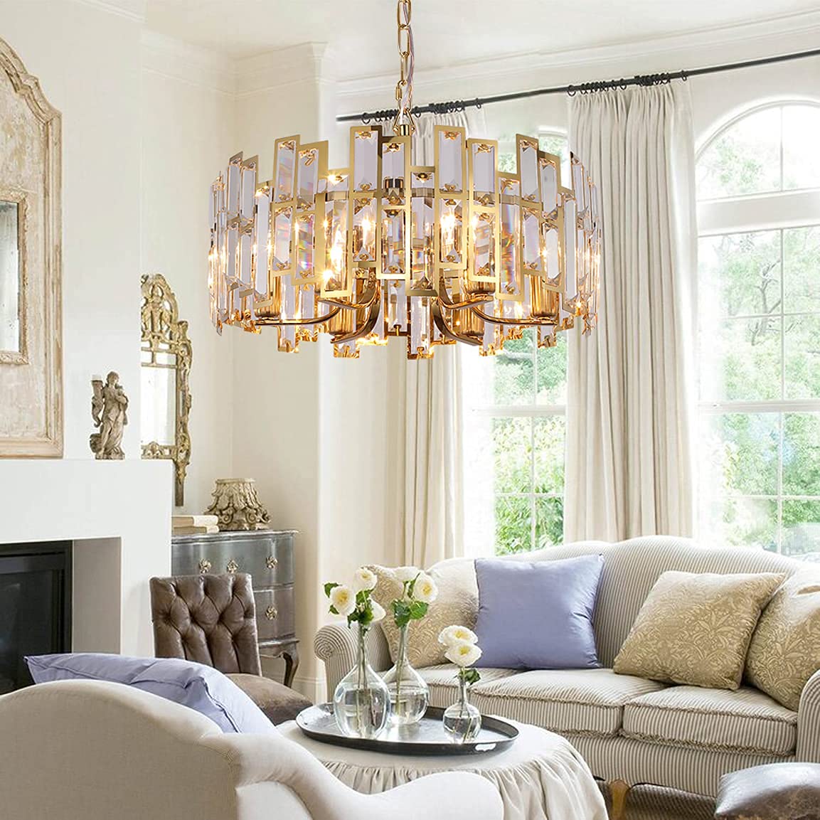 Modern Gold Crystal Chandelier - 6-Light Contemporary Ceiling Pendant Lighting Fixture for Girls Bedroom & Dining Room (17.7