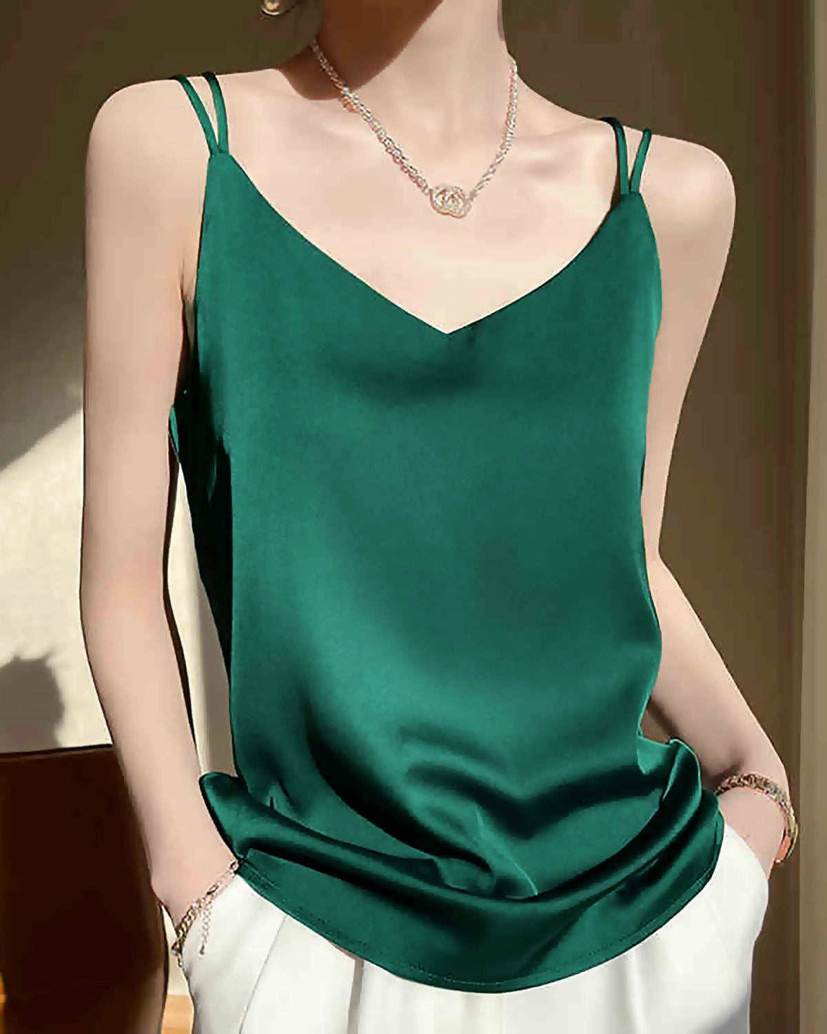 Silk Spaghetti Strap Cross Back Camisole Top for Women - Elegant Satin Sleepwear & Loungewear for Date Night or Relaxing at Home