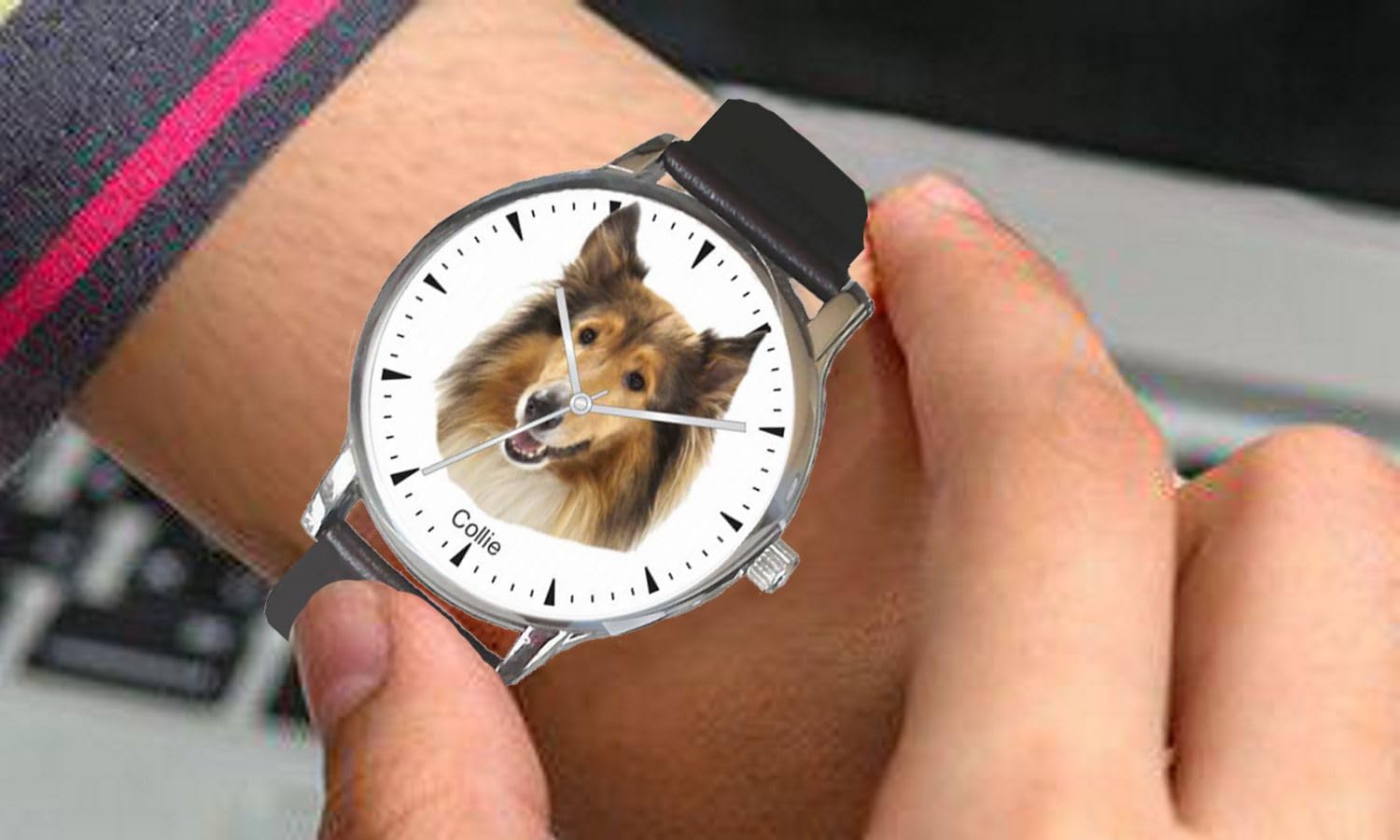 Canine Time Collie Dog Breed Polished Chrome Watch with Leather Strap - Supports ASPCA Donation | Perfect Gift for Dog Lovers & Pet Enthusiasts