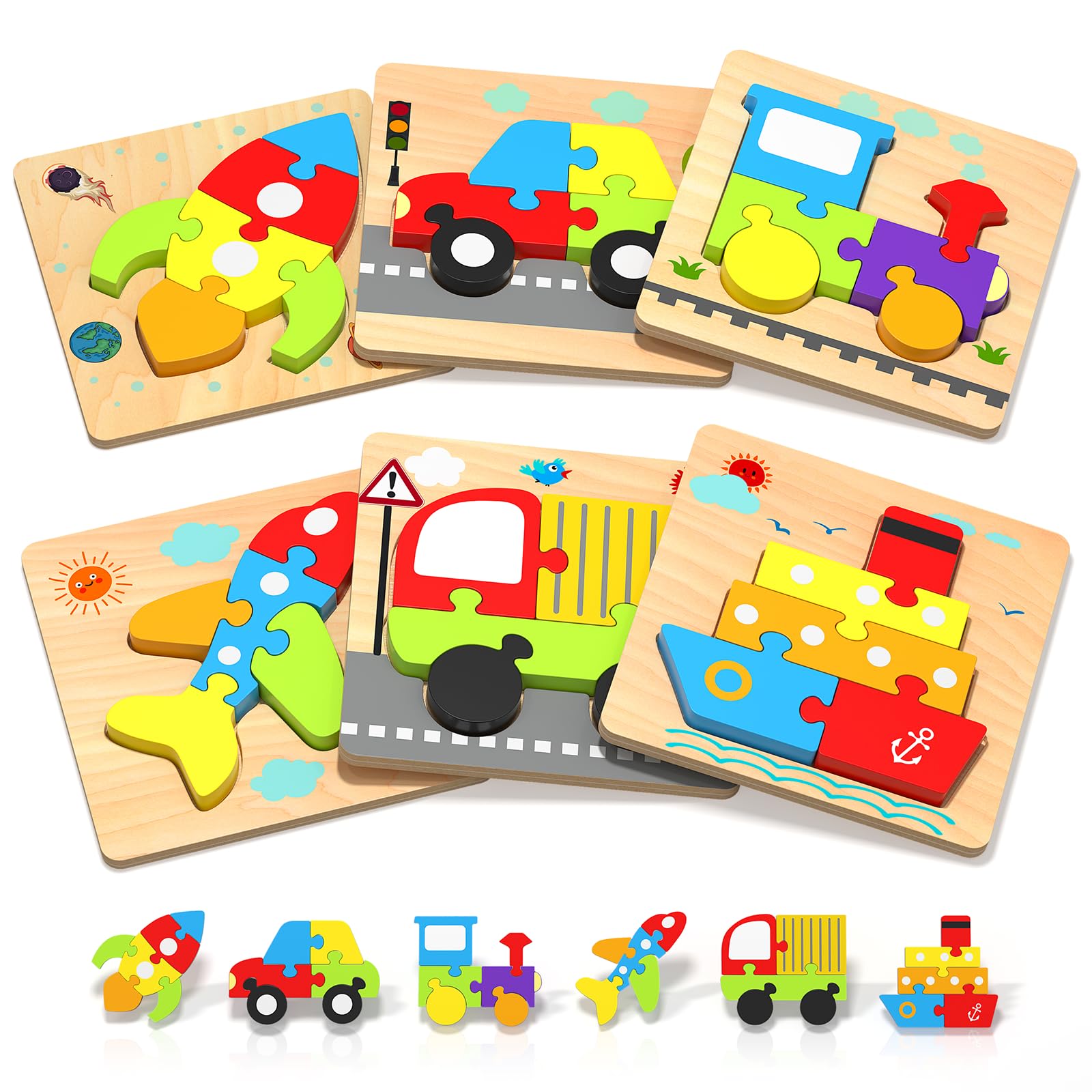 Wooden Puzzles for Toddlers Ages 1-3 - 6 Vehicle Shape Educational Learning Toys for Boys & Girls - Montessori Sensory Toys for 1 2 3 Year Olds - Perfect Birthday Gift for Kids 2-4 Years Old - Great for Early Childhood Development & Montessori Classroom Activities