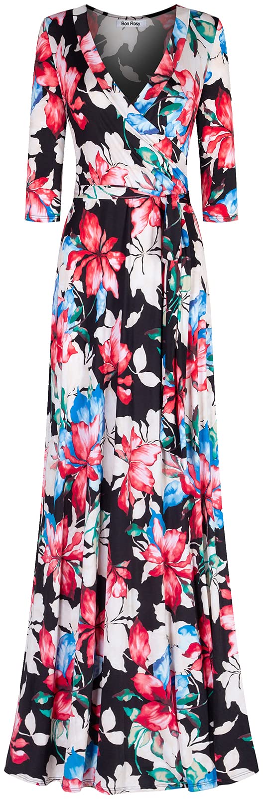 Women's Super Stretchy Maxi Party Dress - Floral Print Wrap V-Neck 3/4 Sleeve Spring Summer Cocktail Dress for Weddings, Dinners & Special Occasions