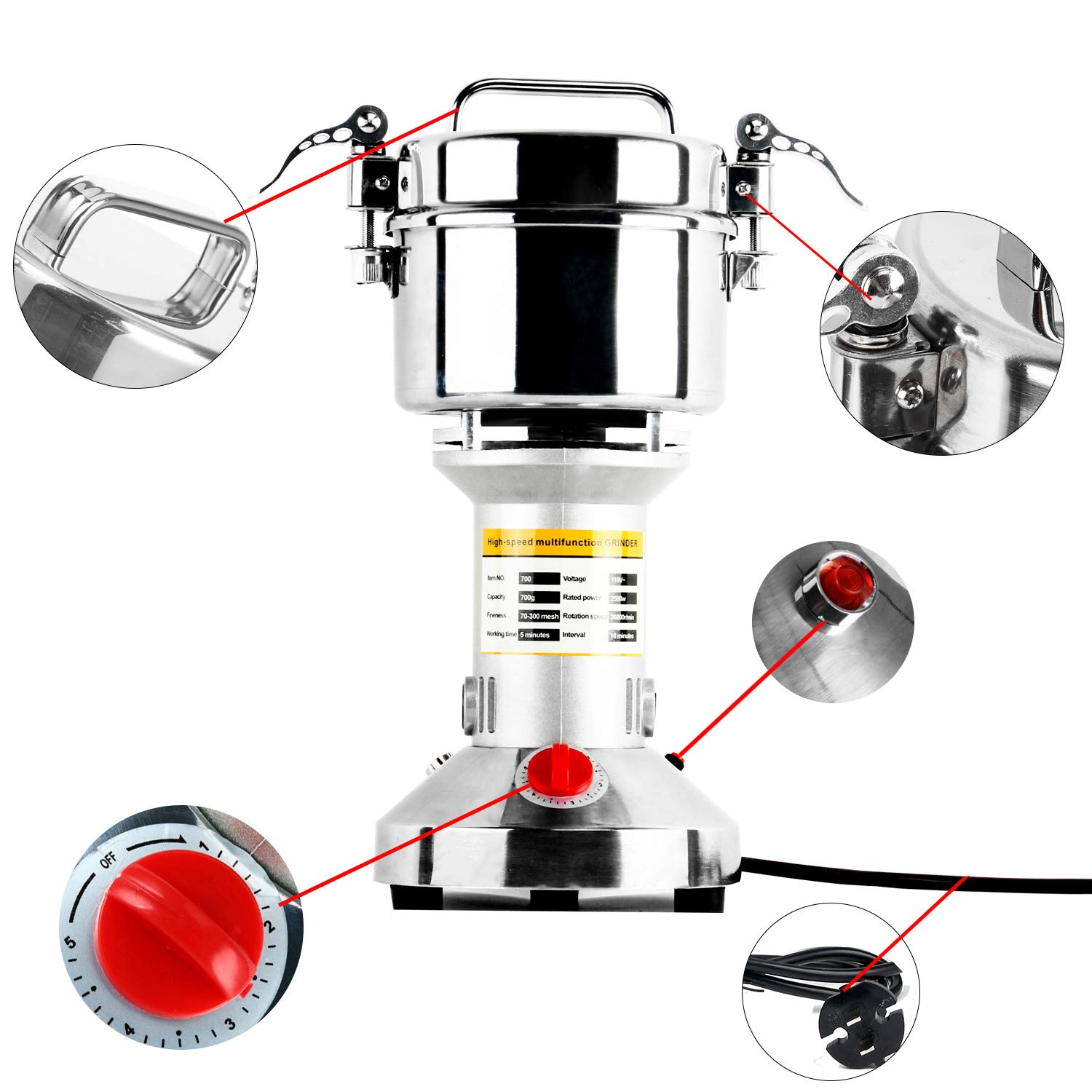 700g Commercial Electric Grain Mill Grinder - 2500W High-Speed Stainless Steel Powder Machine for Spices, Herbs, Pepper & Coffee - 70-300 Mesh, 36000 RPM - Perfect for Home Kitchens, Bakeries & Coffee Shops