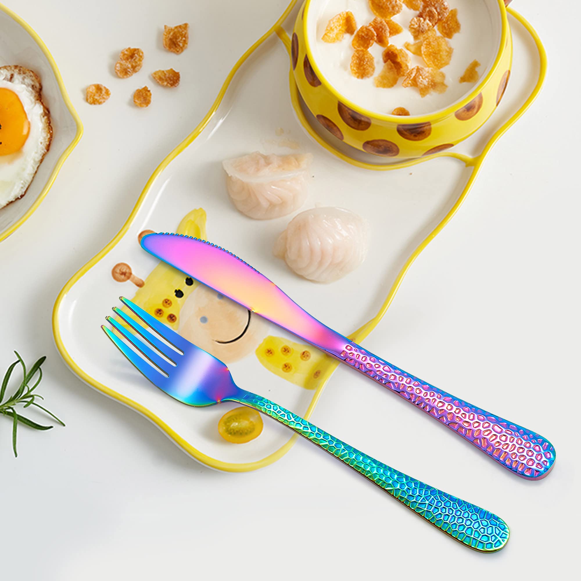 12-Piece Rainbow Kids Silverware Set - Stainless Steel Toddler Utensils with Hammered Design | Dishwasher Safe Cutlery Set for Preschoolers | Includes Knives, Forks & Spoons | Perfect for Birthday Gifts, School Lunches & Family Dining