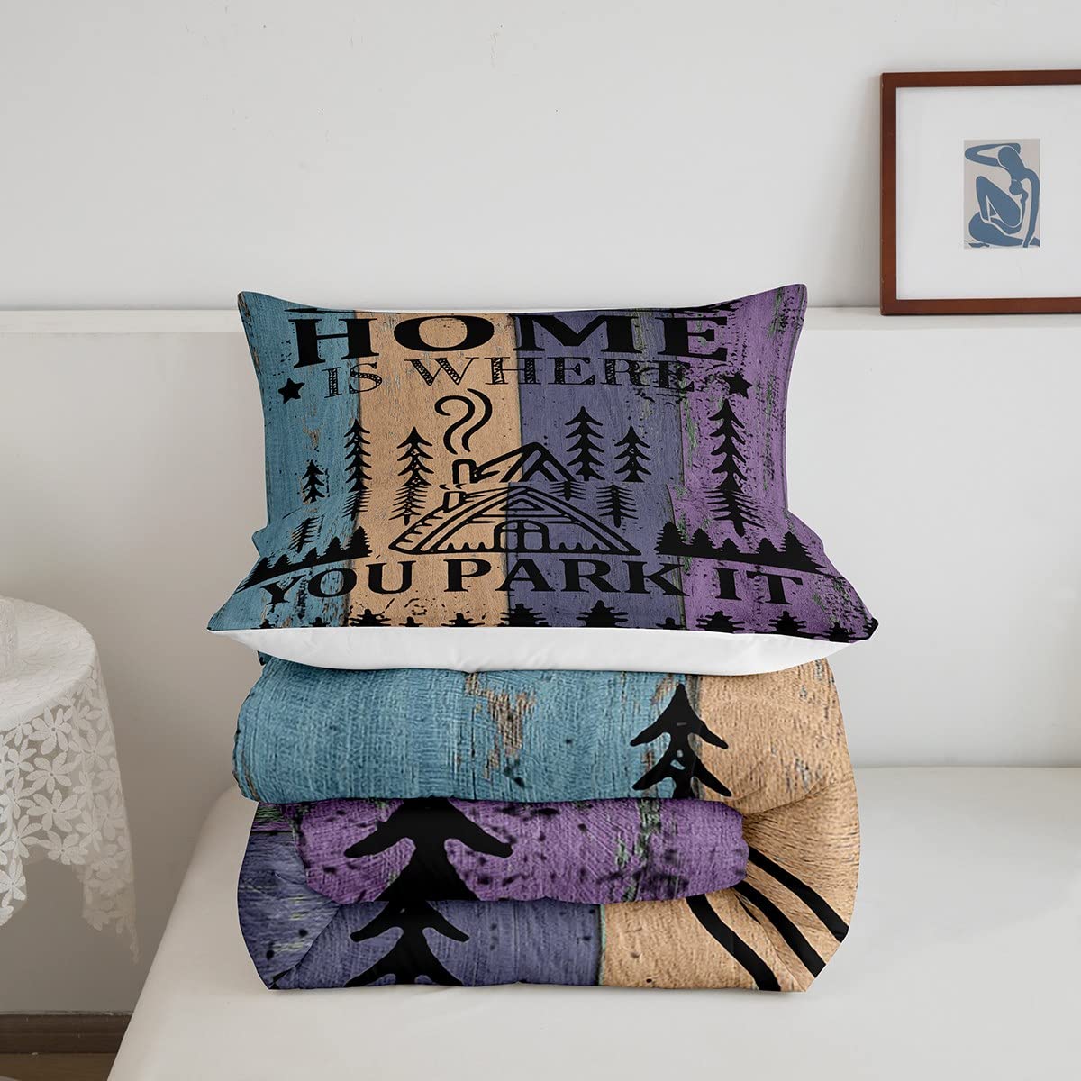 Kids Rustic Farmhouse Camper Comforter Set Twin Size - Funny 'Home Where We Park It' Quilt Set for Boys Bedroom Gift | Happy Camping Tent Explore Life Polyester Bedding with 1 Pillowcase & 2Pcs | Perfect for RV Themed Rooms, Sleepovers & Adventure-Loving Kids