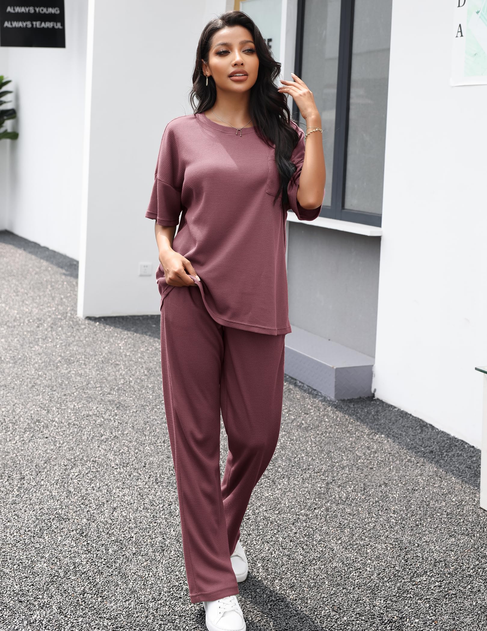 JiniGolla Women's Waffle Knit Pajama Set - Soft Short Sleeve Top & Long Pants Sleepwear for Lounge & Nighttime Comfort | Cozy Homewear, Perfect for Relaxing, Sleeping & Lounging