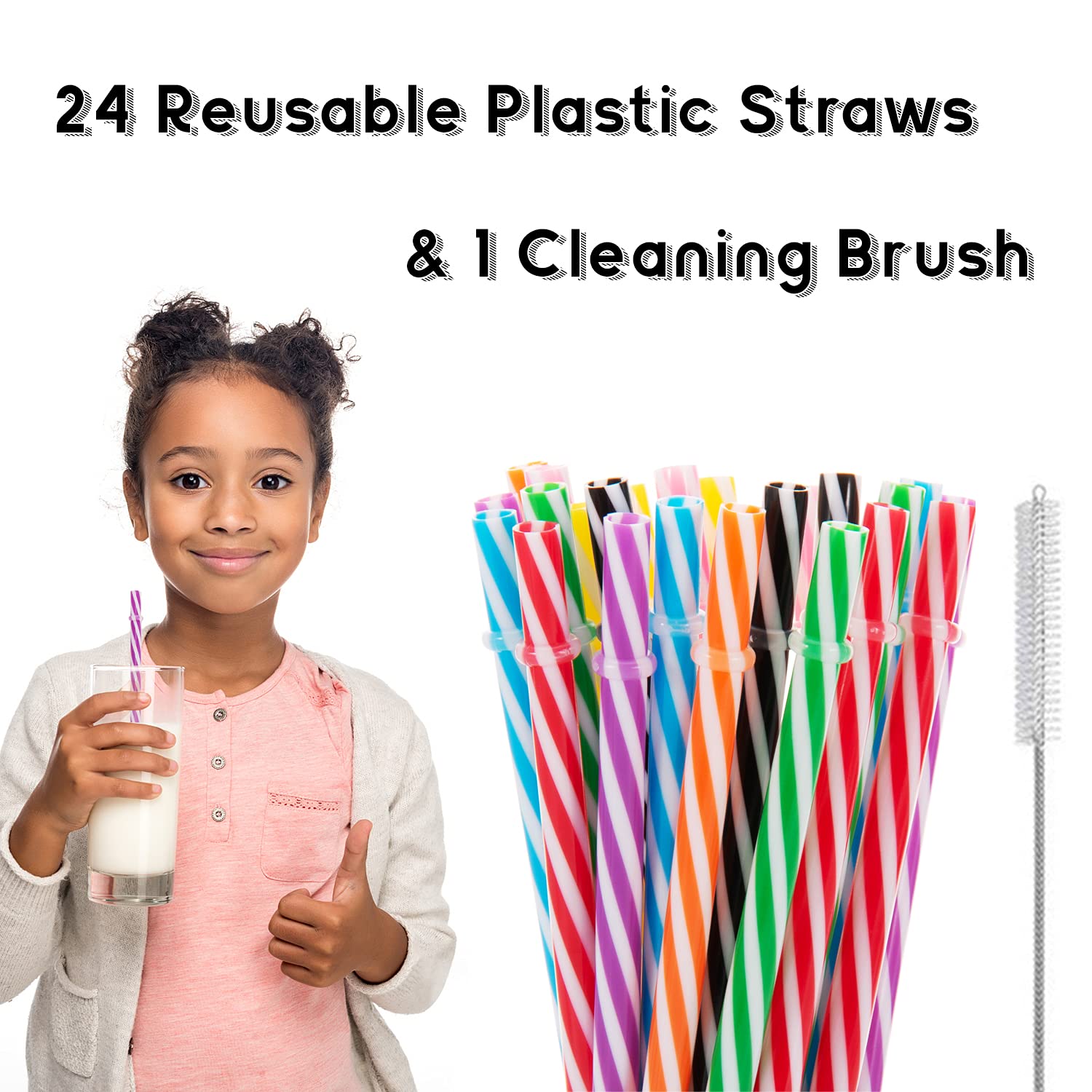 Reusable Plastic Straws 24-Pack with Brush for Bars, Cafes, Parties