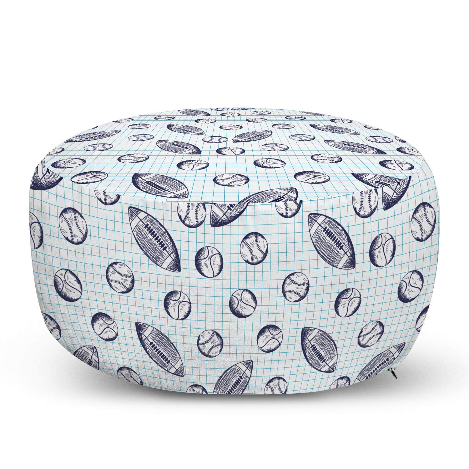 Ambesonne Baseball Themed Pouf Cover with Zipper - Pigskin & Baseball Design on Checkered Squares - Soft Decorative Unstuffed Pillow Case 30x17.3 Inches - Indigo & Pale Blue - Perfect for Sports Themed Living Room Decor & Baseball Fan Gifts