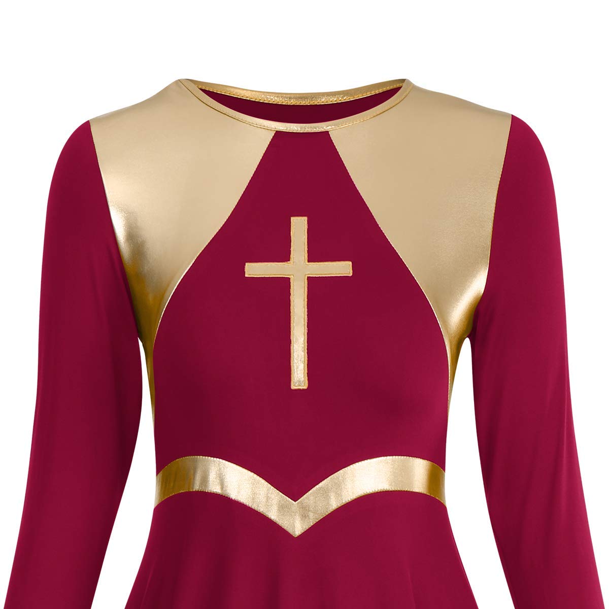 Metallic Cross Praise Dance Dresses for Women - Liturgical Worship Long Sleeve Loose Fit Full Length Dress - Perfect for Church Performances, Gospel Choir Events & Spiritual Dance Ministries