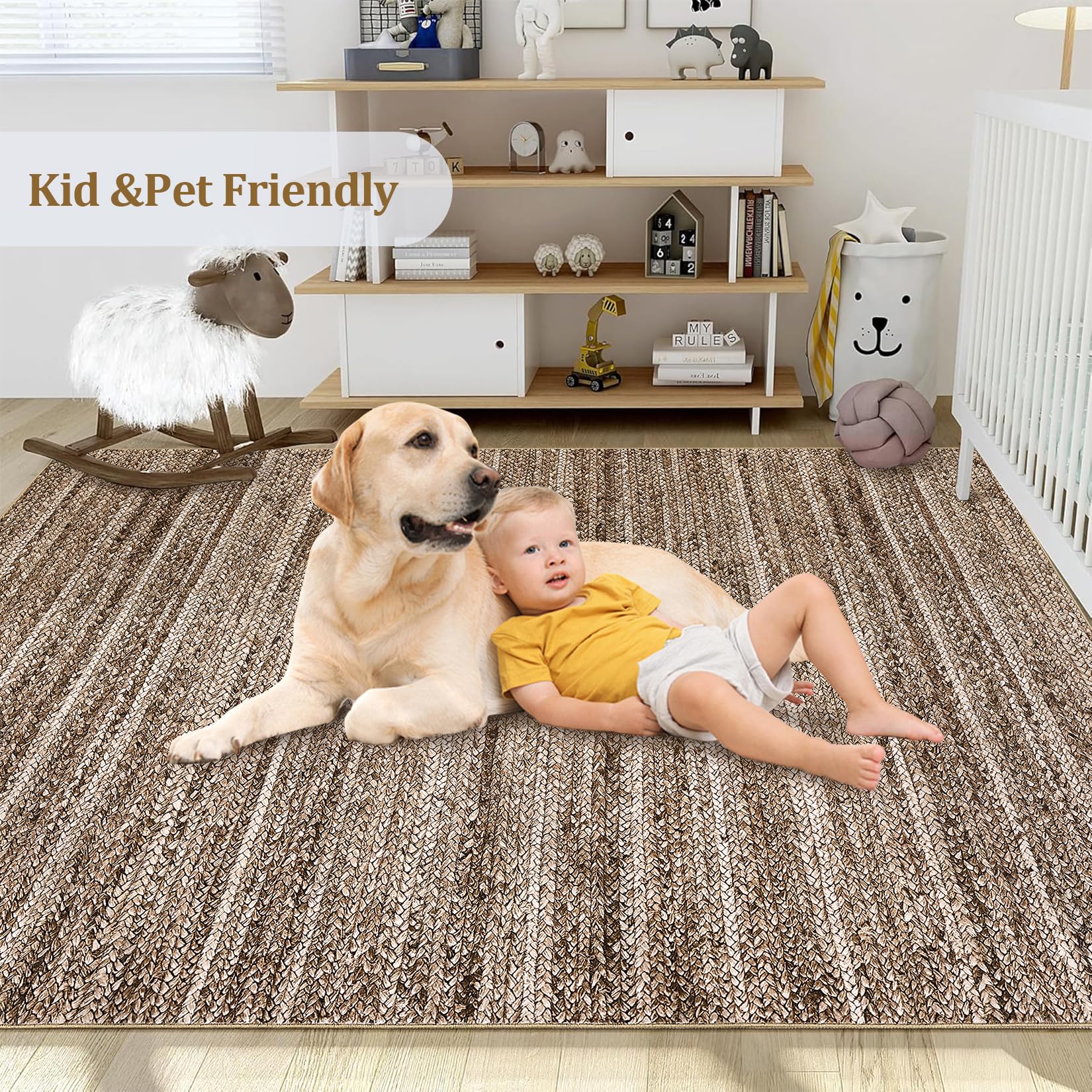 GARVEE 2x6 Washable Braided Runner Rug - Non-Slip Low Pile Modern Kitchen & Bathroom Rug - Ultra Thin Lightweight Indoor Carpet for Hallway, Entrance, Living Room - Foldable Home Decor (Brown)