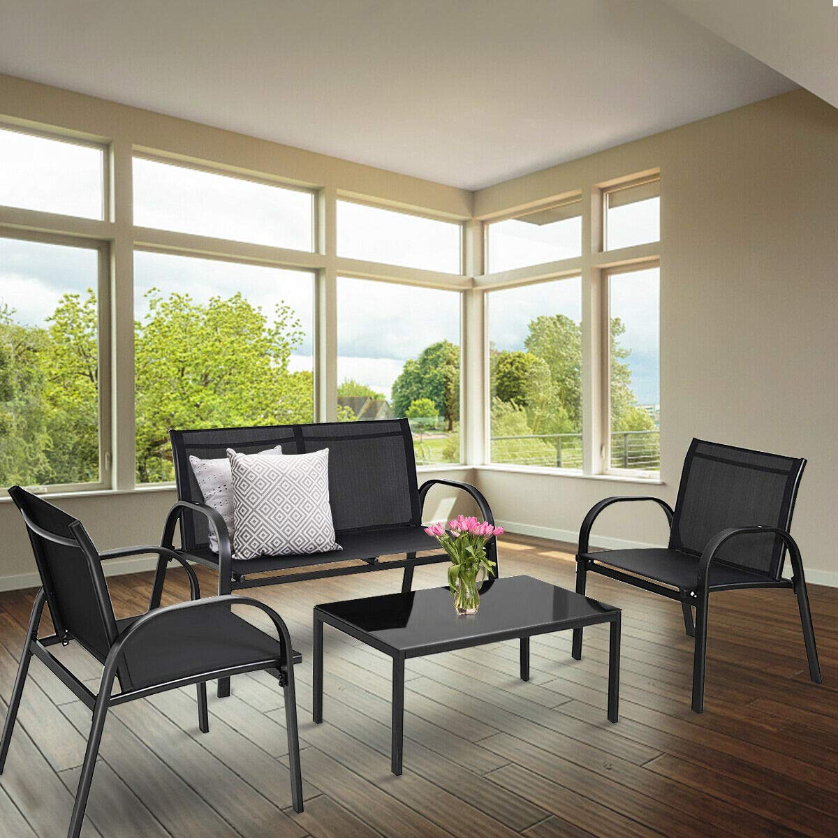 Casart 4-Piece Patio Furniture Set with Tempered Glass Coffee Table & Loveseat - Outdoor Garden & Yard Conversation Set - Perfect for Backyard Relaxation, Poolside Lounging & Outdoor Entertaining