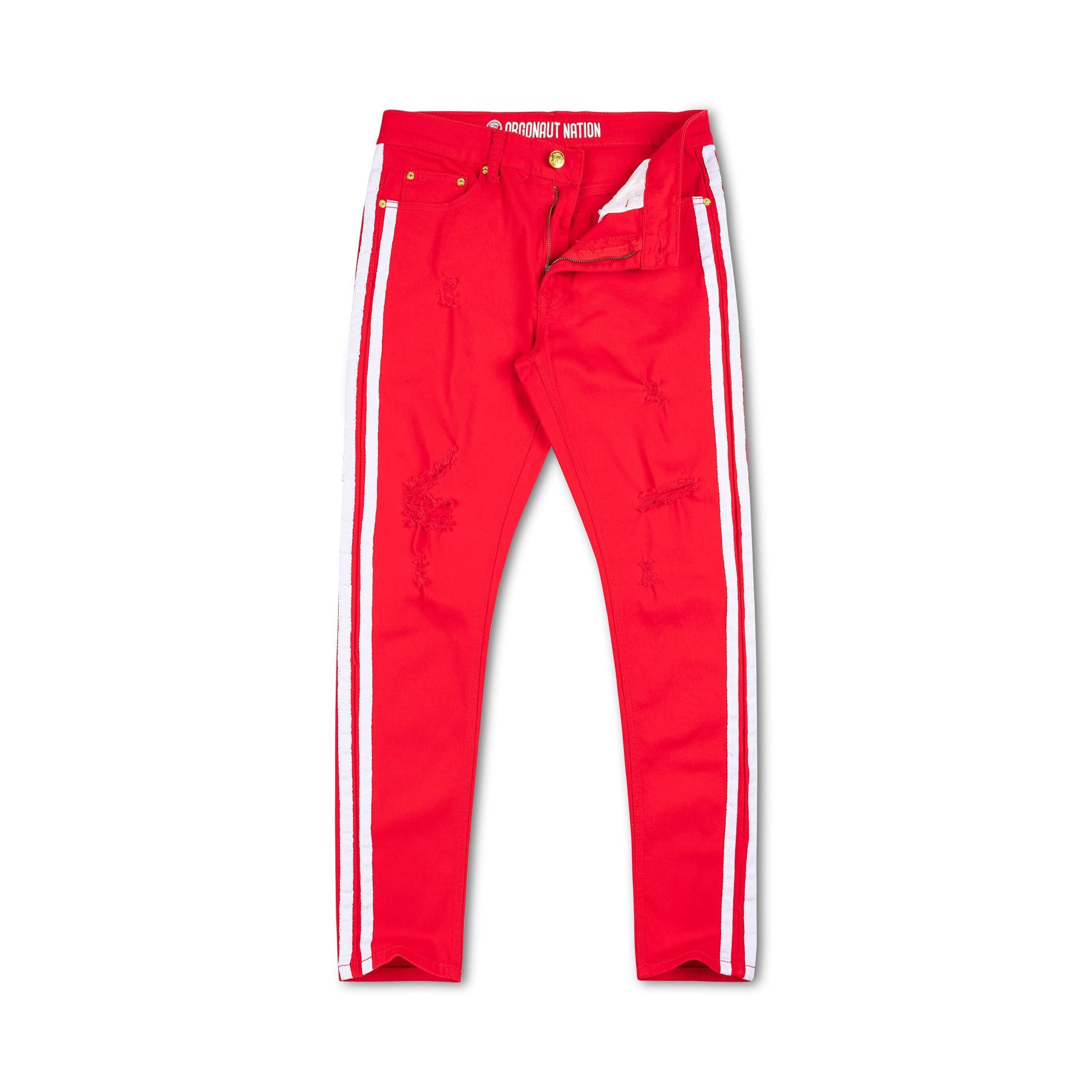 Argonaut Nations RIP Stripe Distressed Jeans for Men - Vintage Red Denim Pants, Slim Fit Stretch Comfort | Perfect for Casual Wear, Street Style & Night Out