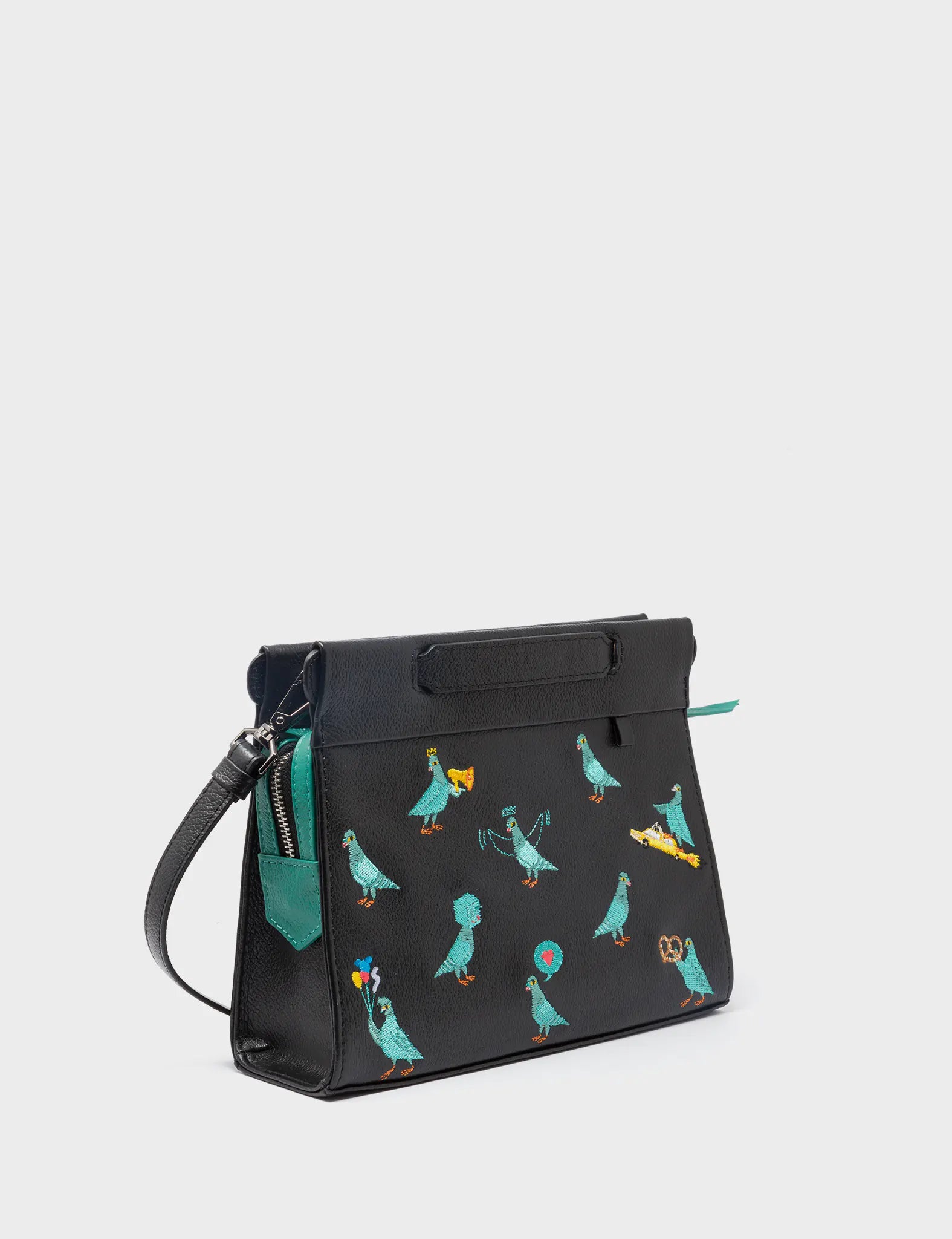 Vali Crossbody Small Black Leather Bag with Pigeonista Embroidery - Stylish & Compact Purse for Women, Perfect for Daily Use, Travel, and Date Nights