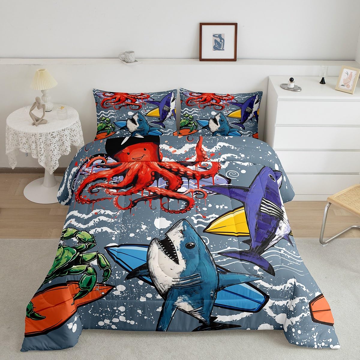 **Feelyou Full Size Kids Comforter Set - Cute Shark & Octopus Ocean Theme Duvet with 2 Pillowcases for Boys & Girls | Soft Cartoon Marine Animal Bedding for Children's Room, Nursery, or Beach House Decor**