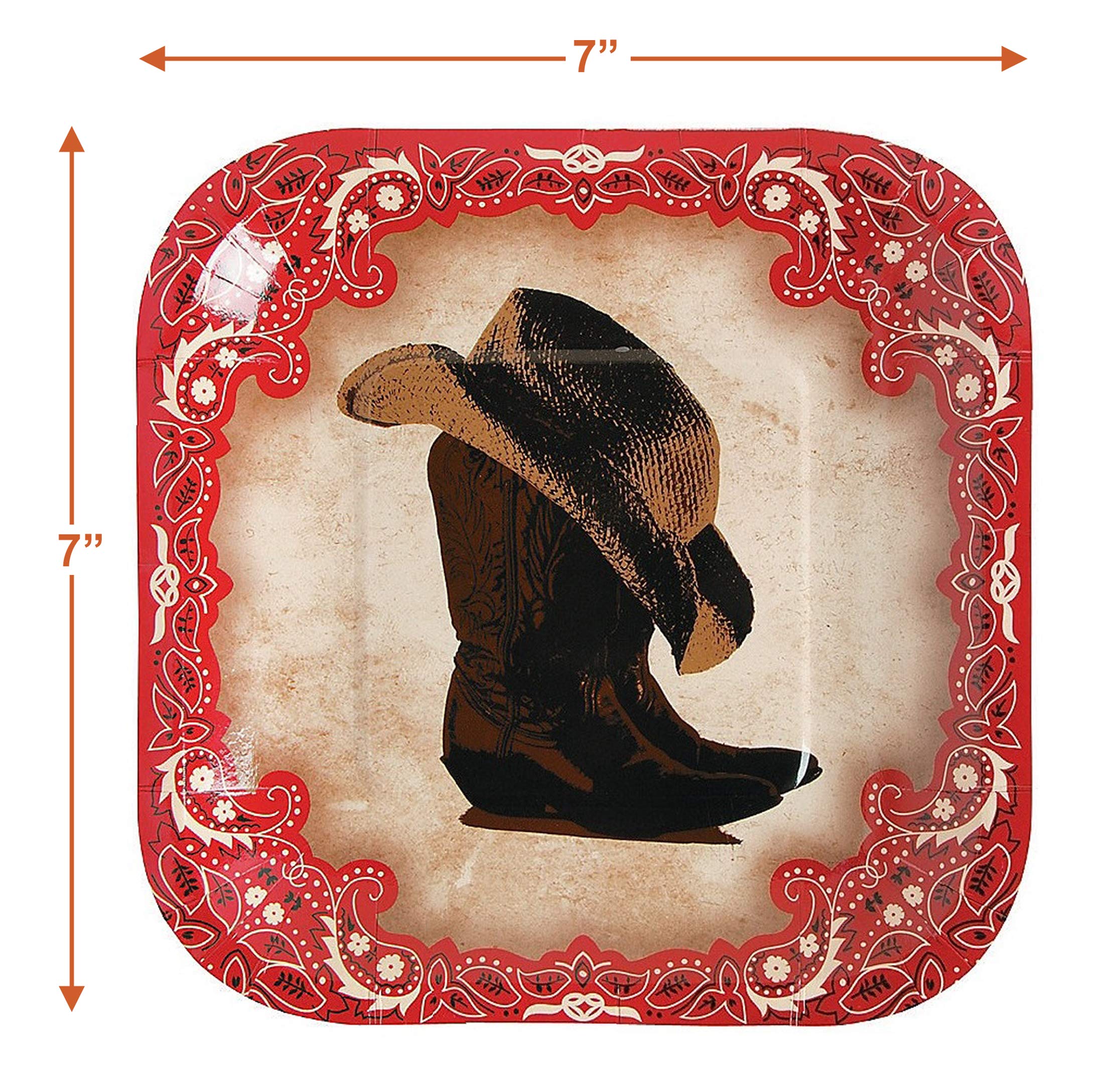 Western Cowboy Party Supplies - 16-Pack Cowboy Boot Square Paper Dessert Plates & Cowboy Hat Themed Lunch Napkins Set for Wild West Birthday, BBQ, and Themed Party Decorations