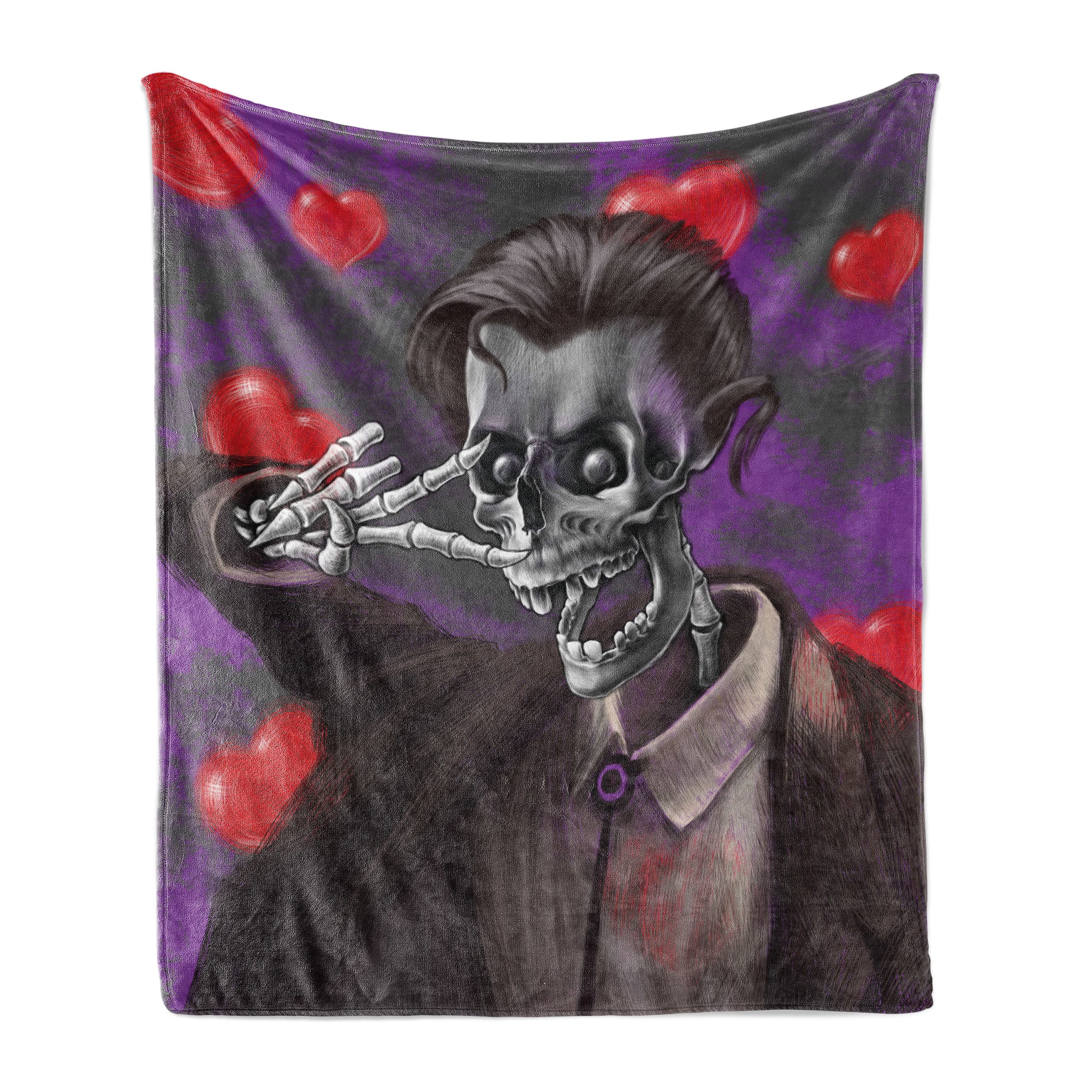 Ambesonne Skull Throw Blanket - Gothic Skeleton & Tuxedo Hearts Print, Soft Flannel Fleece Accent Blanket for Couch, Bed, Sofa - 70x90 Inches Black & Red - Perfect for Halloween Decor, Gothic Home Decor, and Cozy Winter Nights